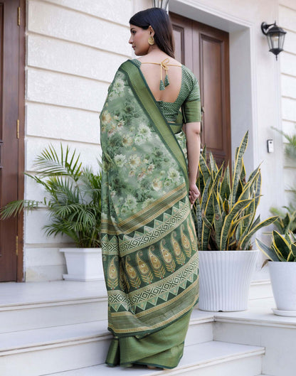 Dusty Green Cotton Silk Floral Printed Saree