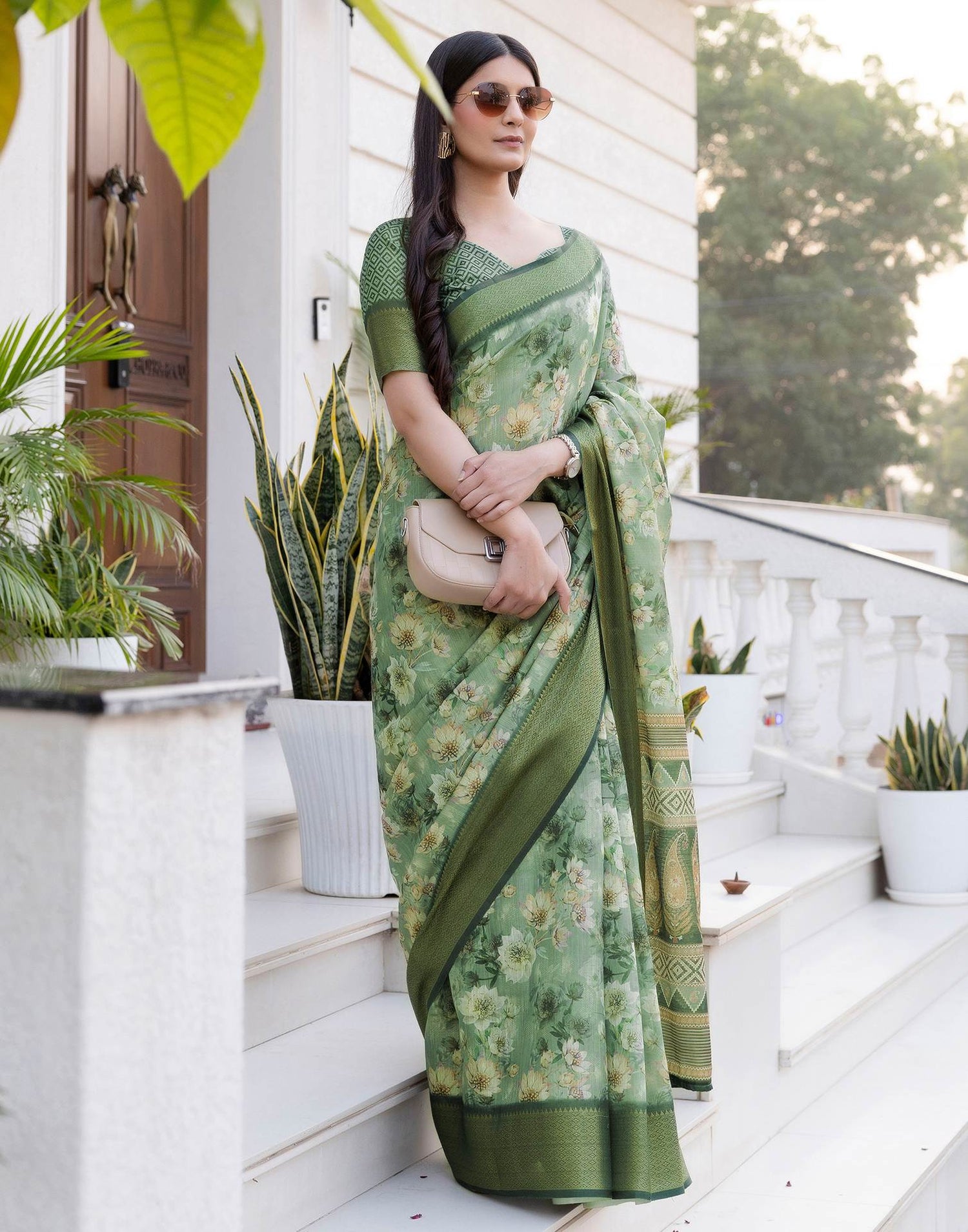 Dusty Green Cotton Silk Floral Printed Saree