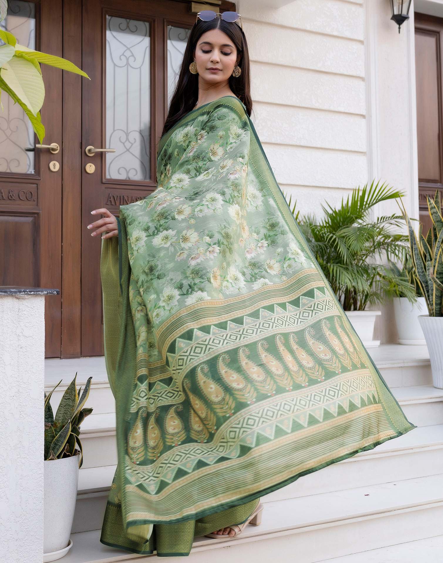 Dusty Green Cotton Silk Floral Printed Saree