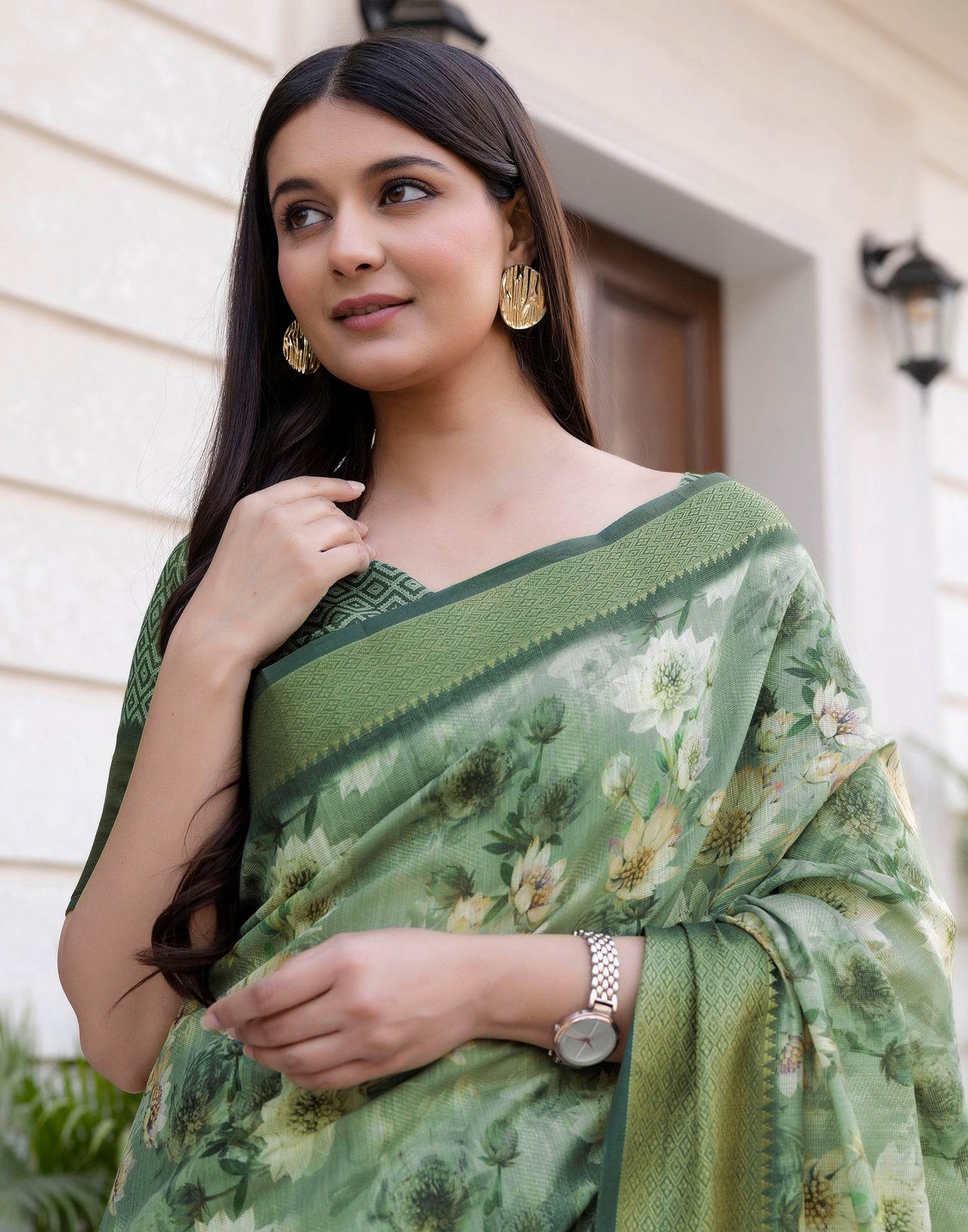 Dusty Green Cotton Silk Floral Printed Saree