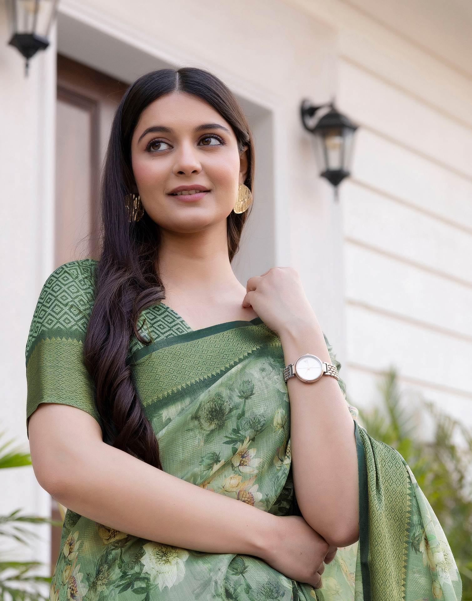 Dusty Green Cotton Silk Floral Printed Saree