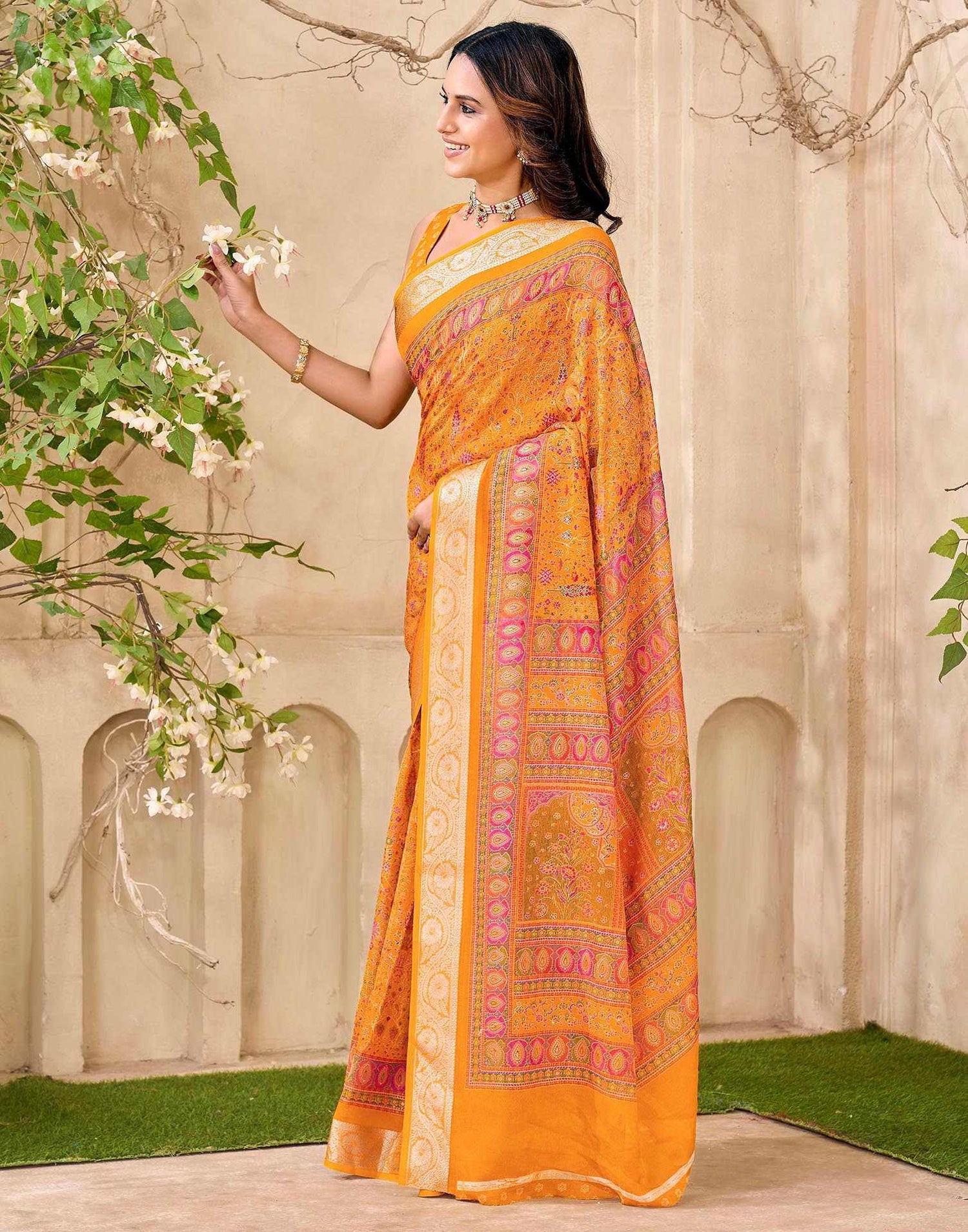 Yellow Georgette Printed Saree