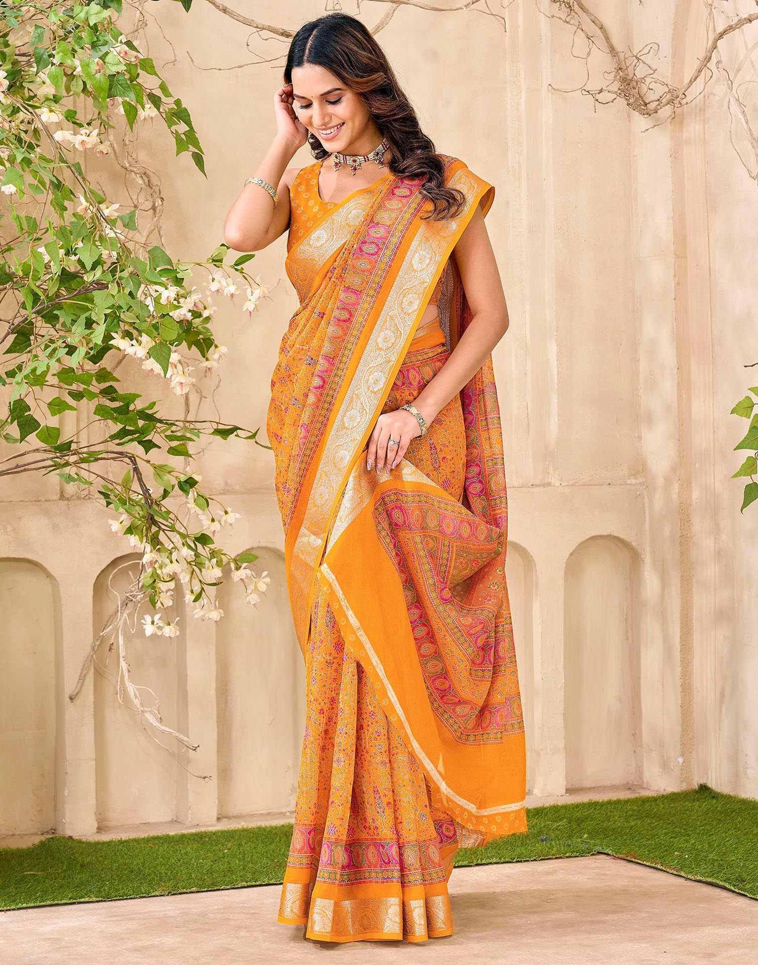 Yellow Georgette Printed Saree