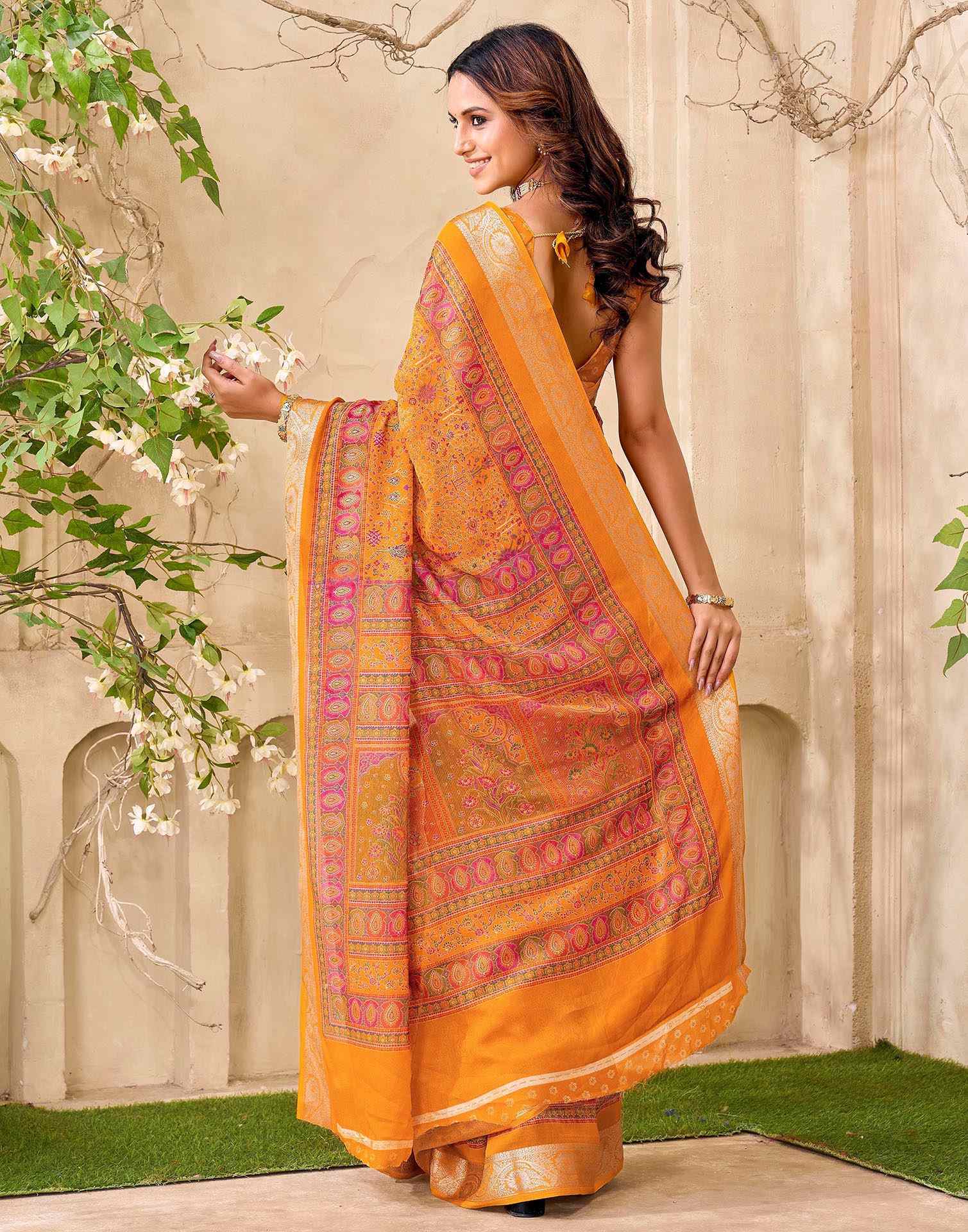 Yellow Georgette Printed Saree