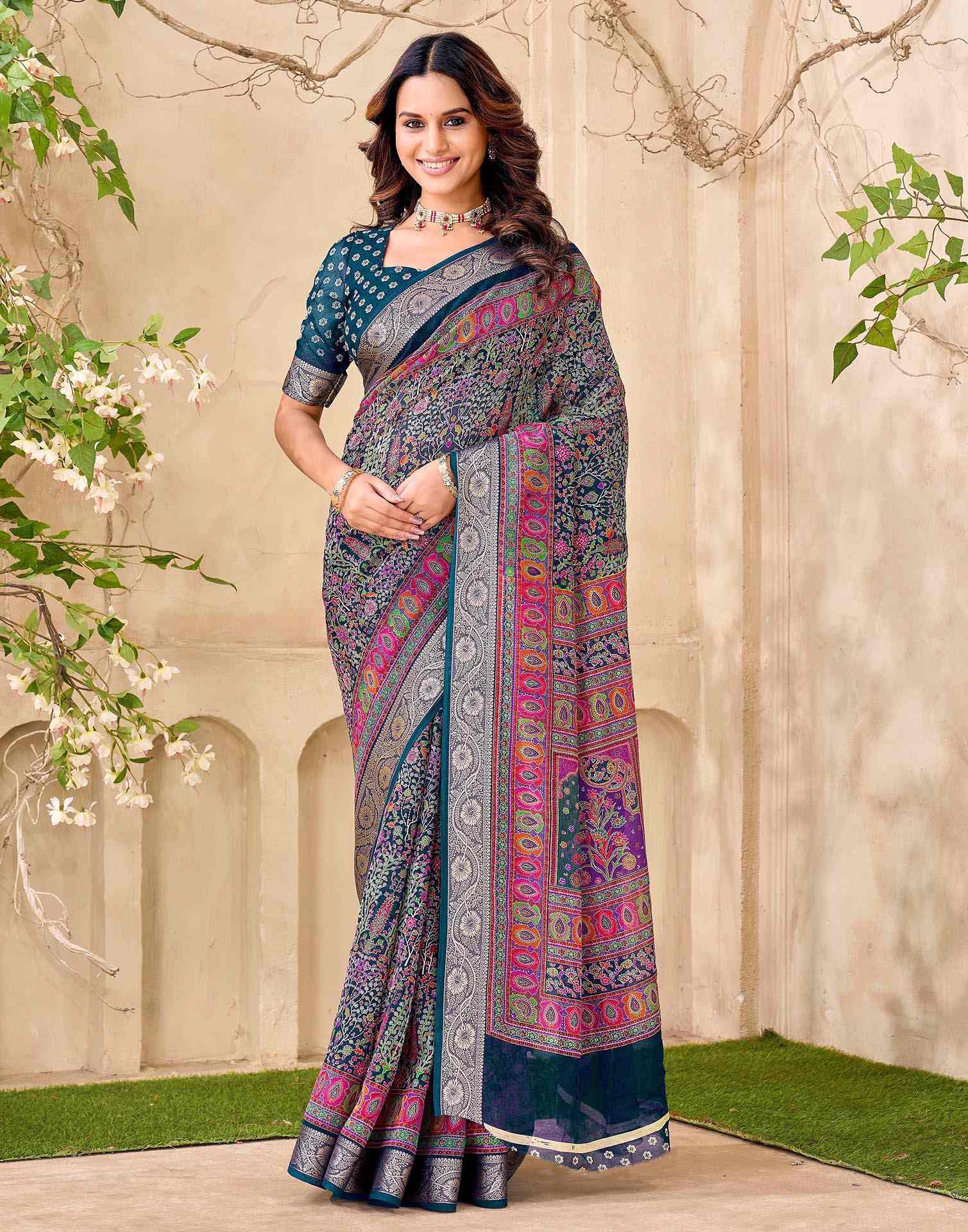 Teal Blue Georgette Printed Saree