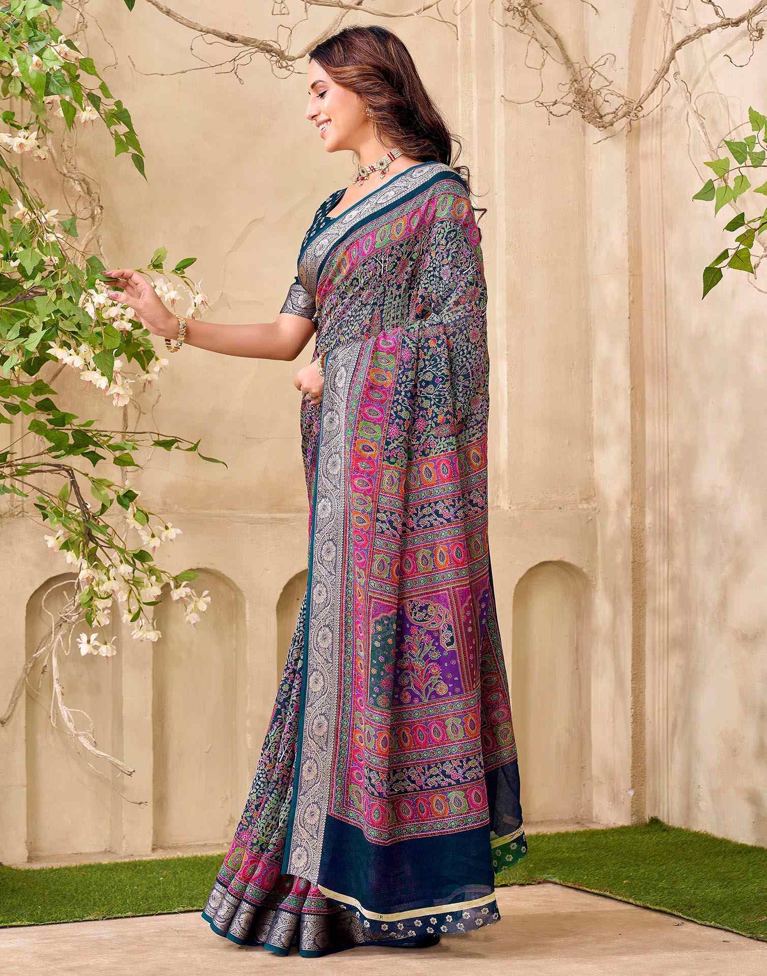 Teal Blue Georgette Printed Saree