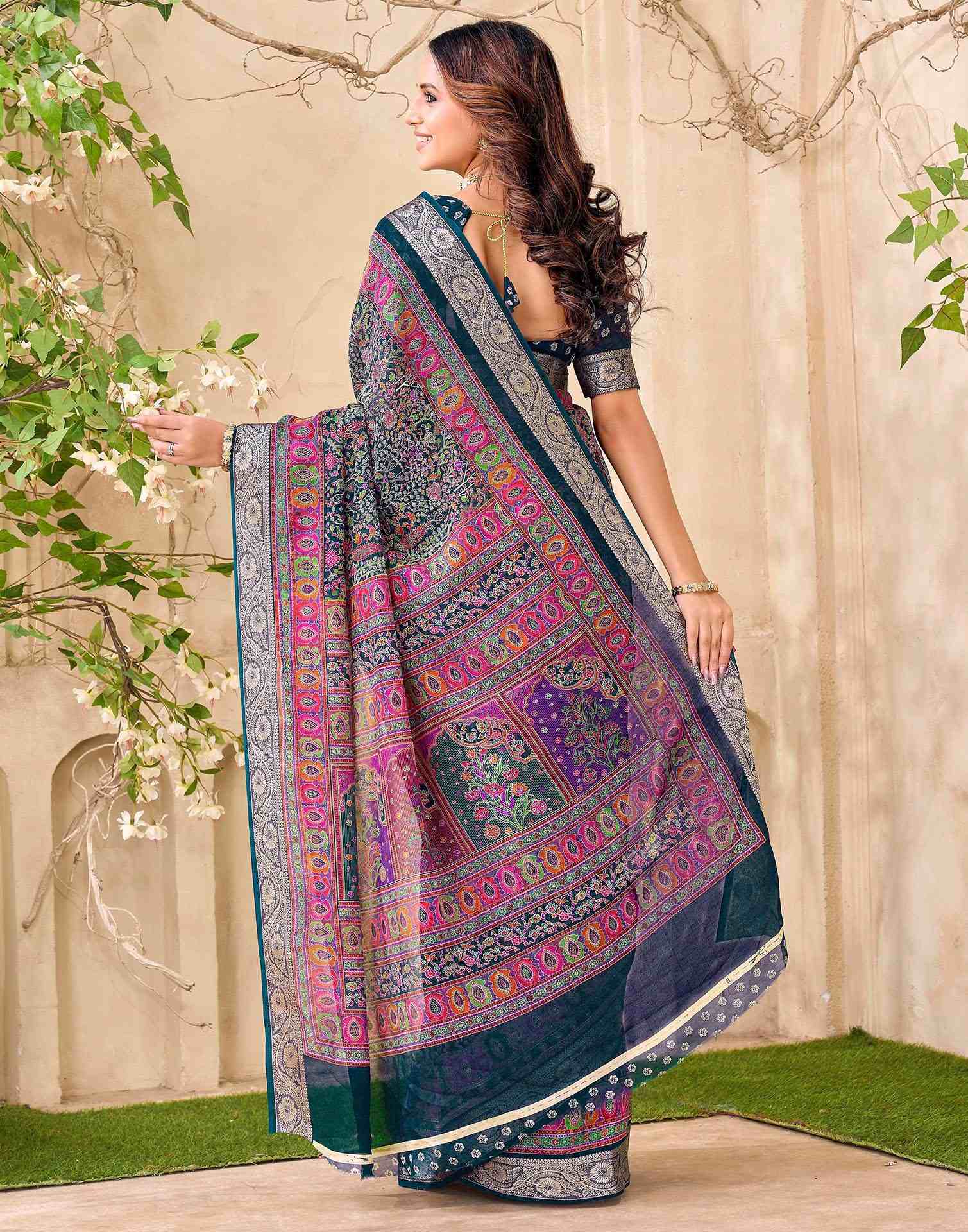 Teal Blue Georgette Printed Saree