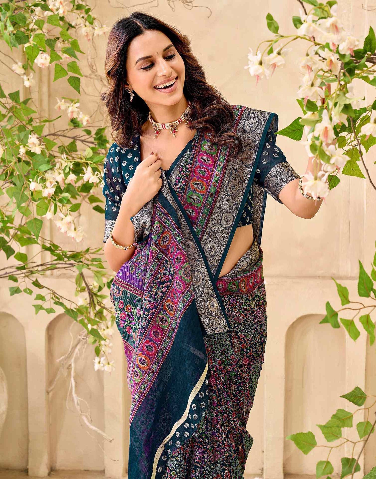 Teal Blue Georgette Printed Saree