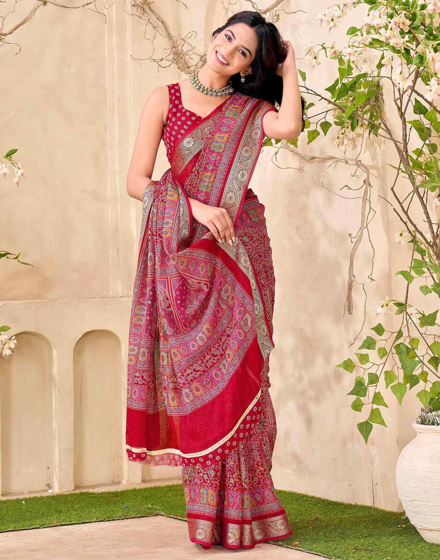 Red Georgette Printed Saree