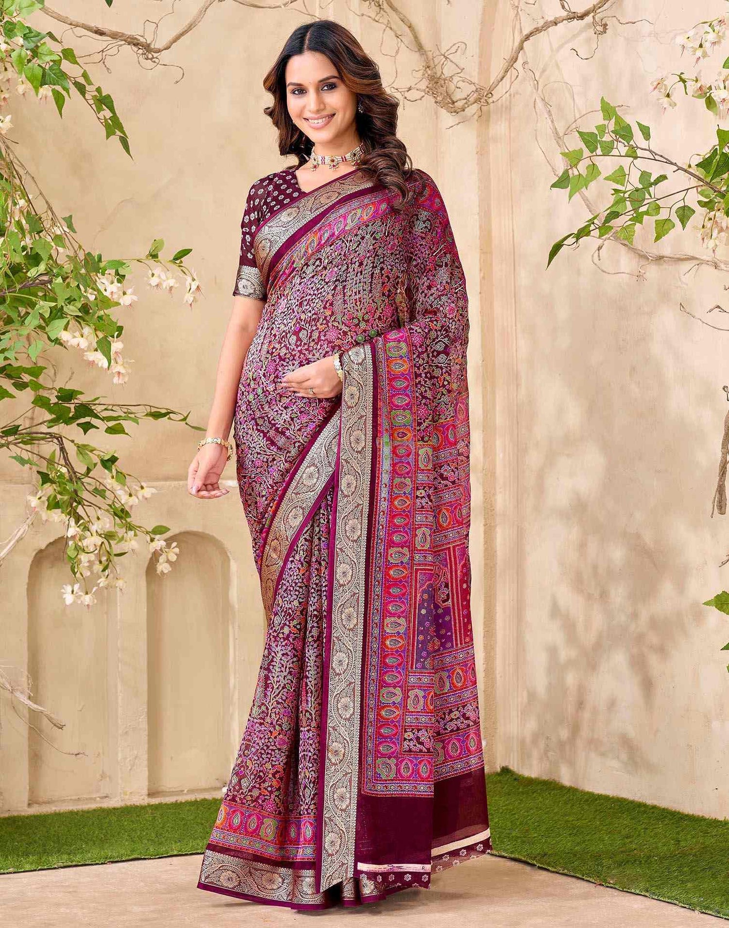 Wine Georgette Printed Saree