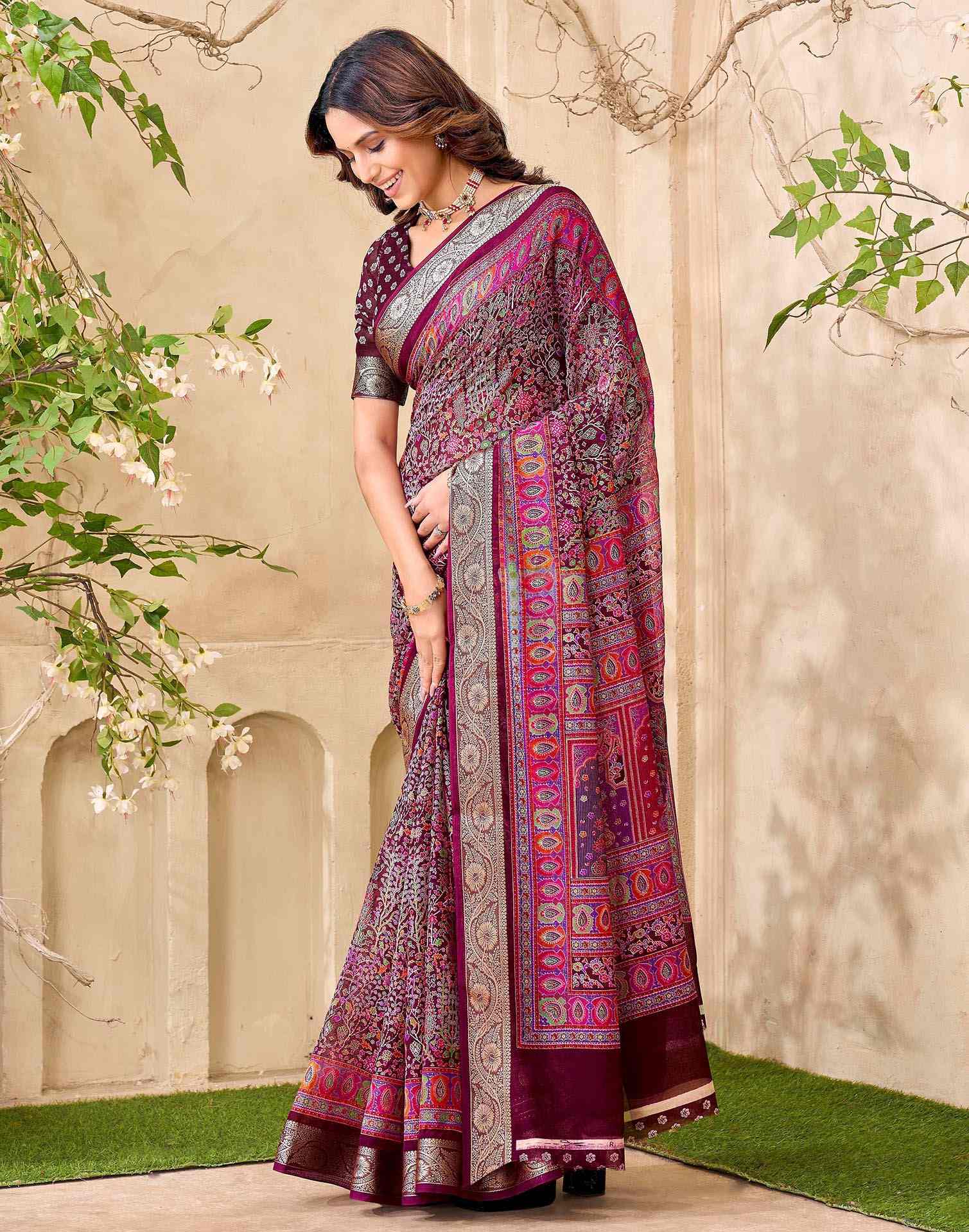 Wine Georgette Printed Saree