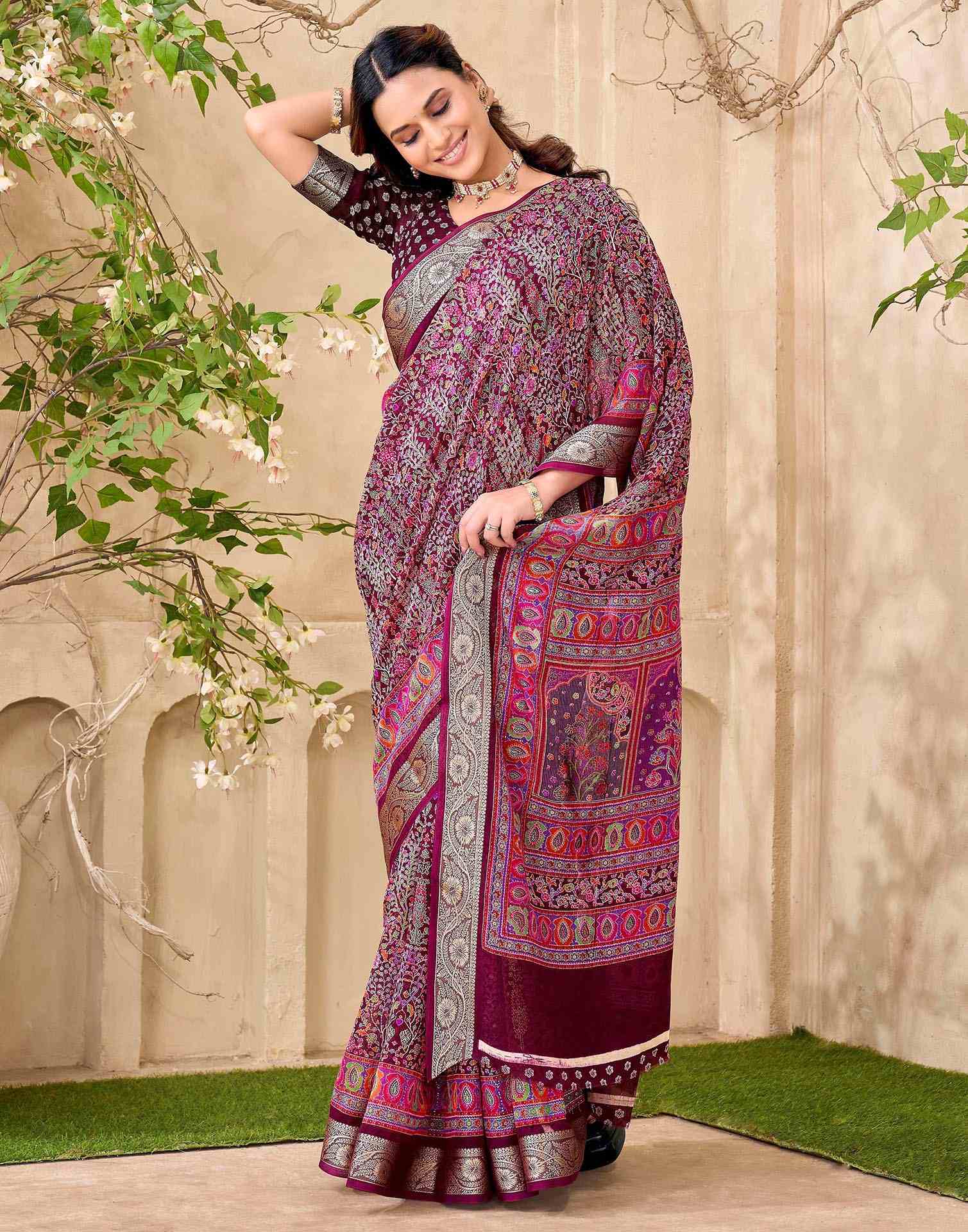 Wine Georgette Printed Saree