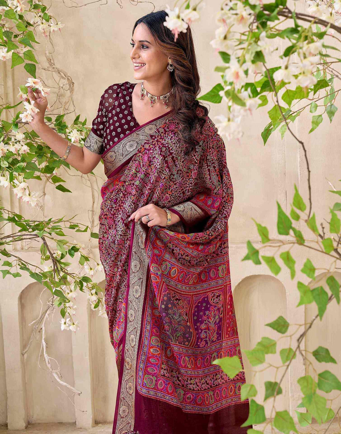 Wine Georgette Printed Saree