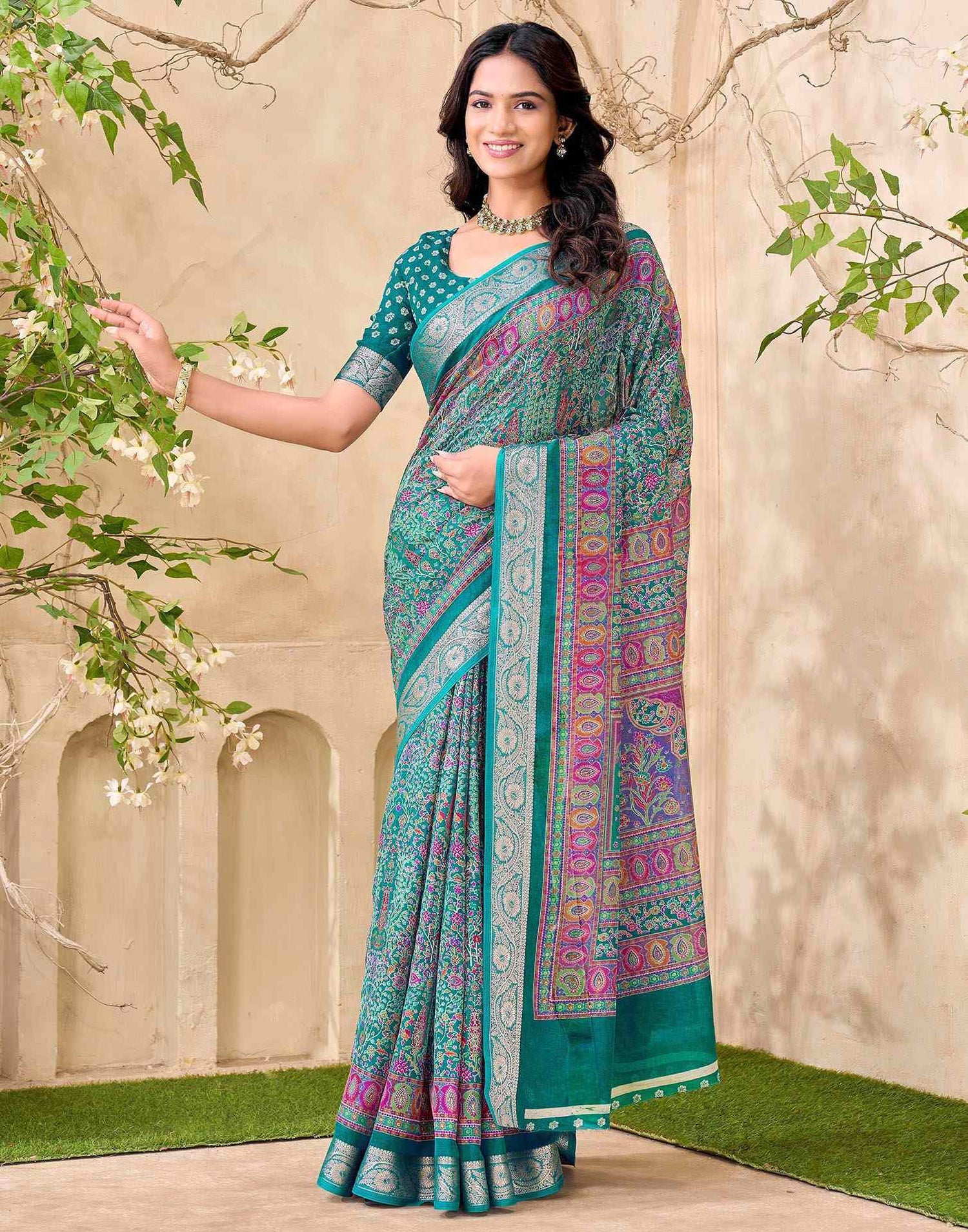 Teal Green Georgette Printed Saree