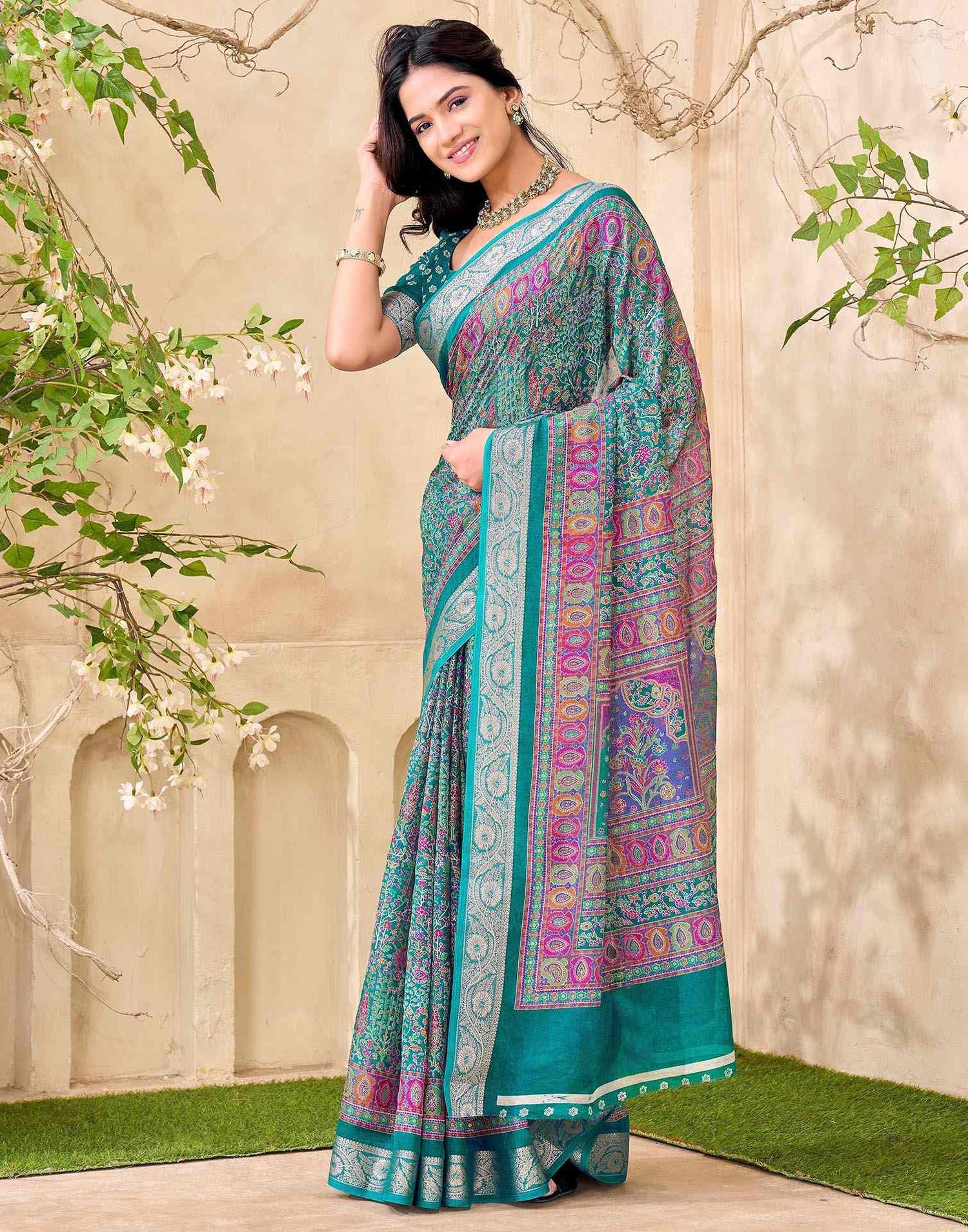 Teal Green Georgette Printed Saree