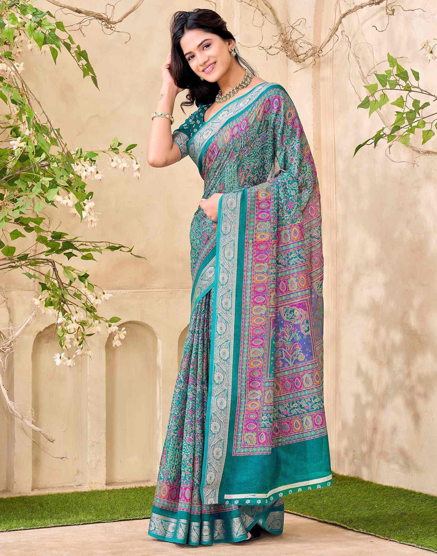 Teal Green Georgette Printed Saree