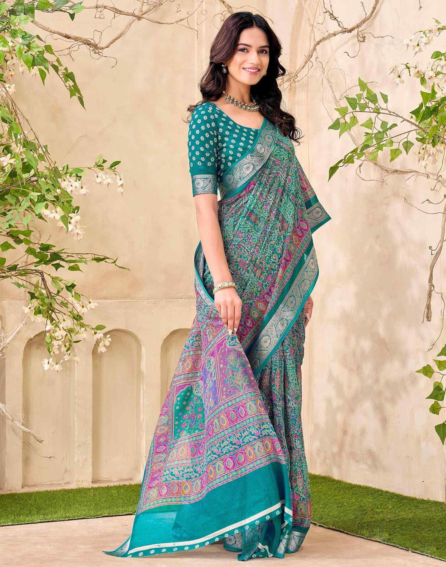 Teal Green Georgette Printed Saree