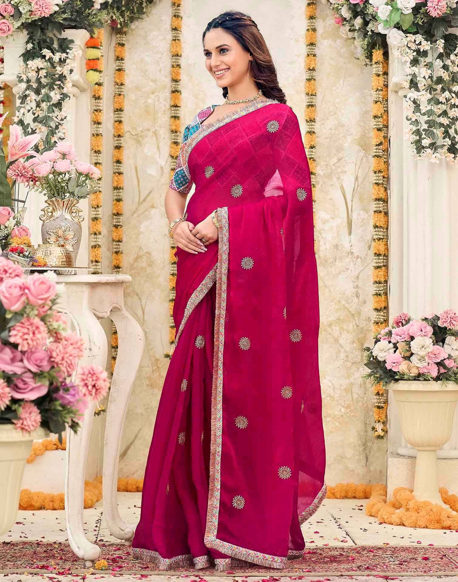 Rani Pink Shimmer Sequence Embroidery Saree
