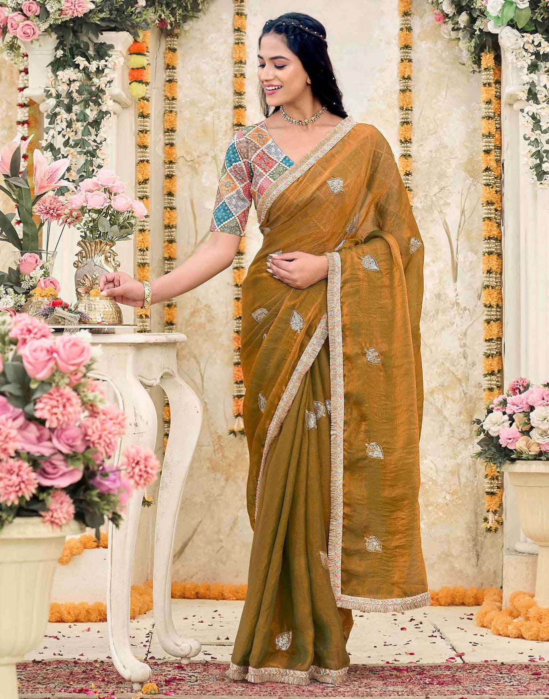 Khaki Shimmer Sequence Embroidery Saree