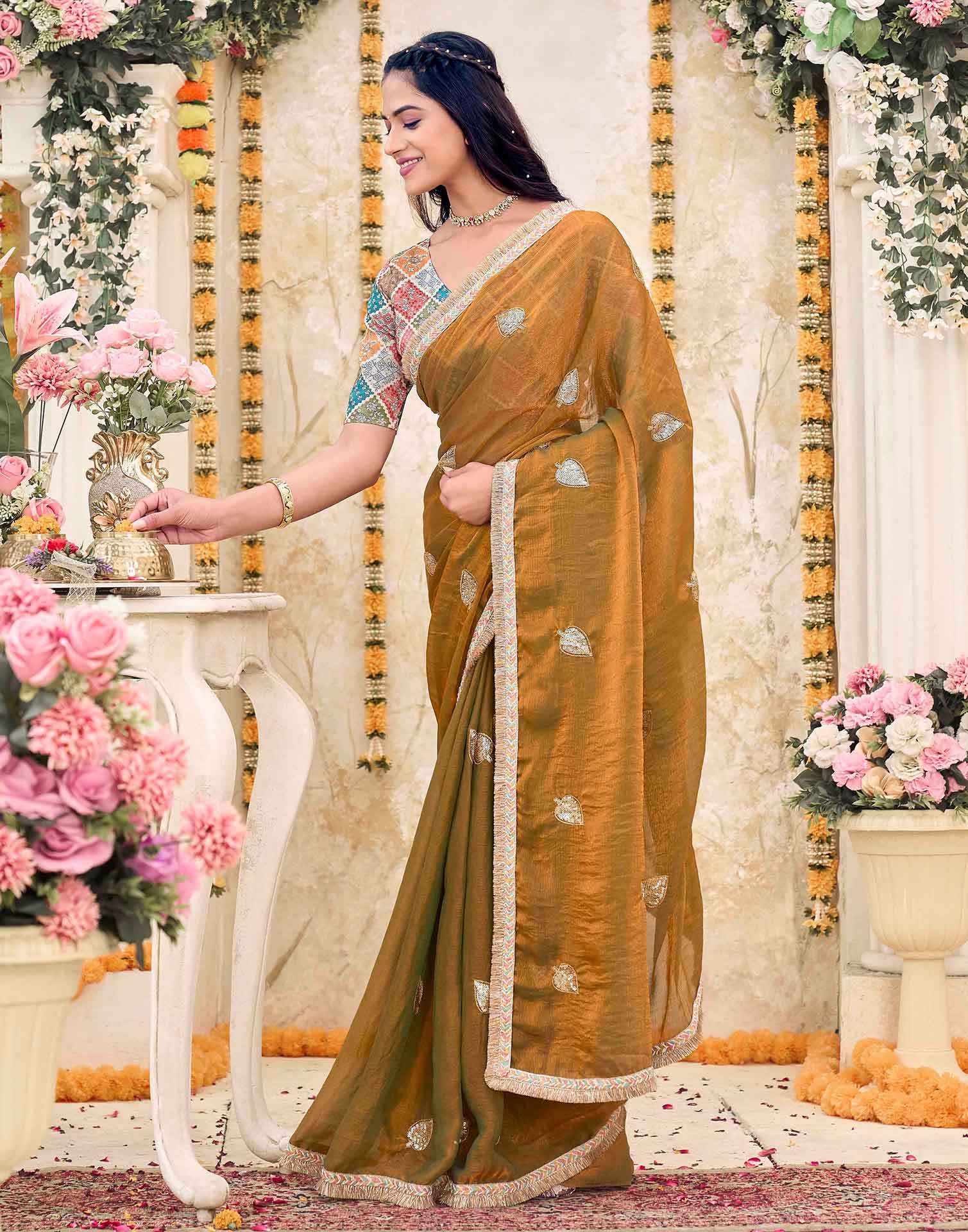 Khaki Shimmer Sequence Embroidery Saree