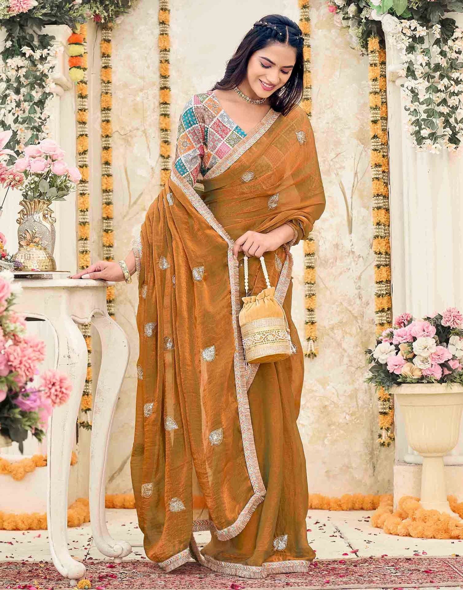 Khaki Shimmer Sequence Embroidery Saree