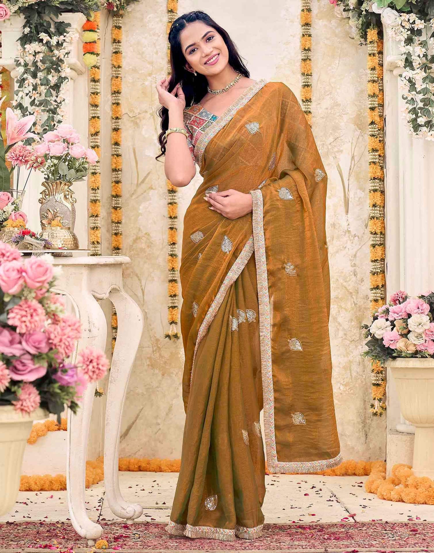 Khaki Shimmer Sequence Embroidery Saree