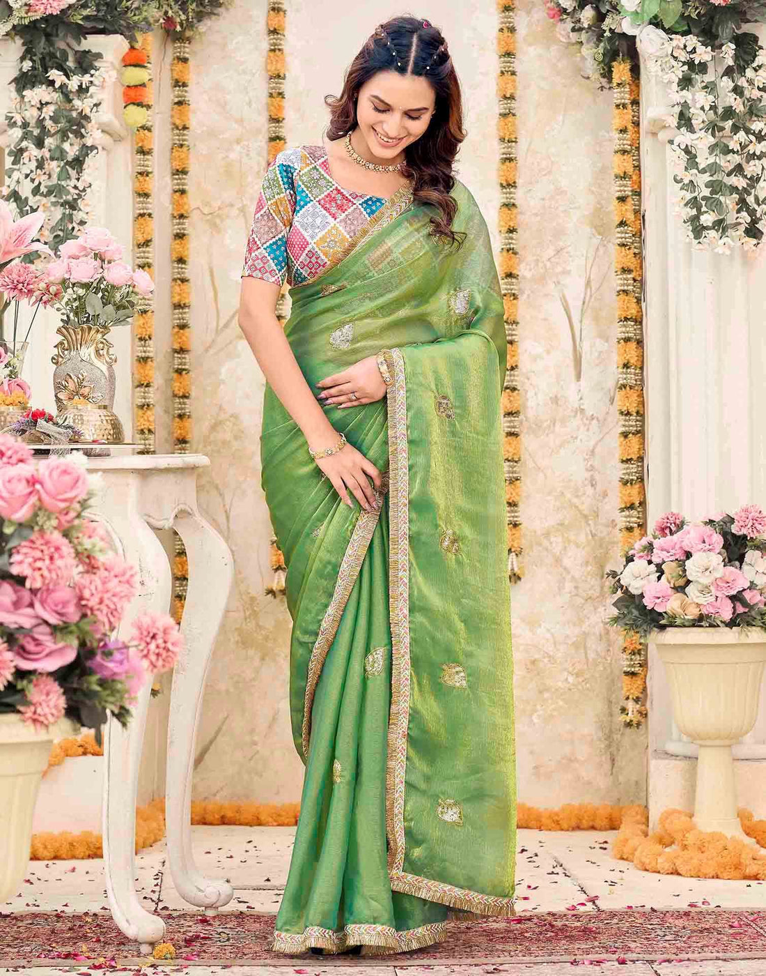Parrot Green Shimmer Sequence Embroidery Saree