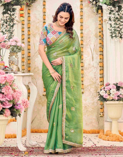 Parrot Green Shimmer Sequence Embroidery Saree