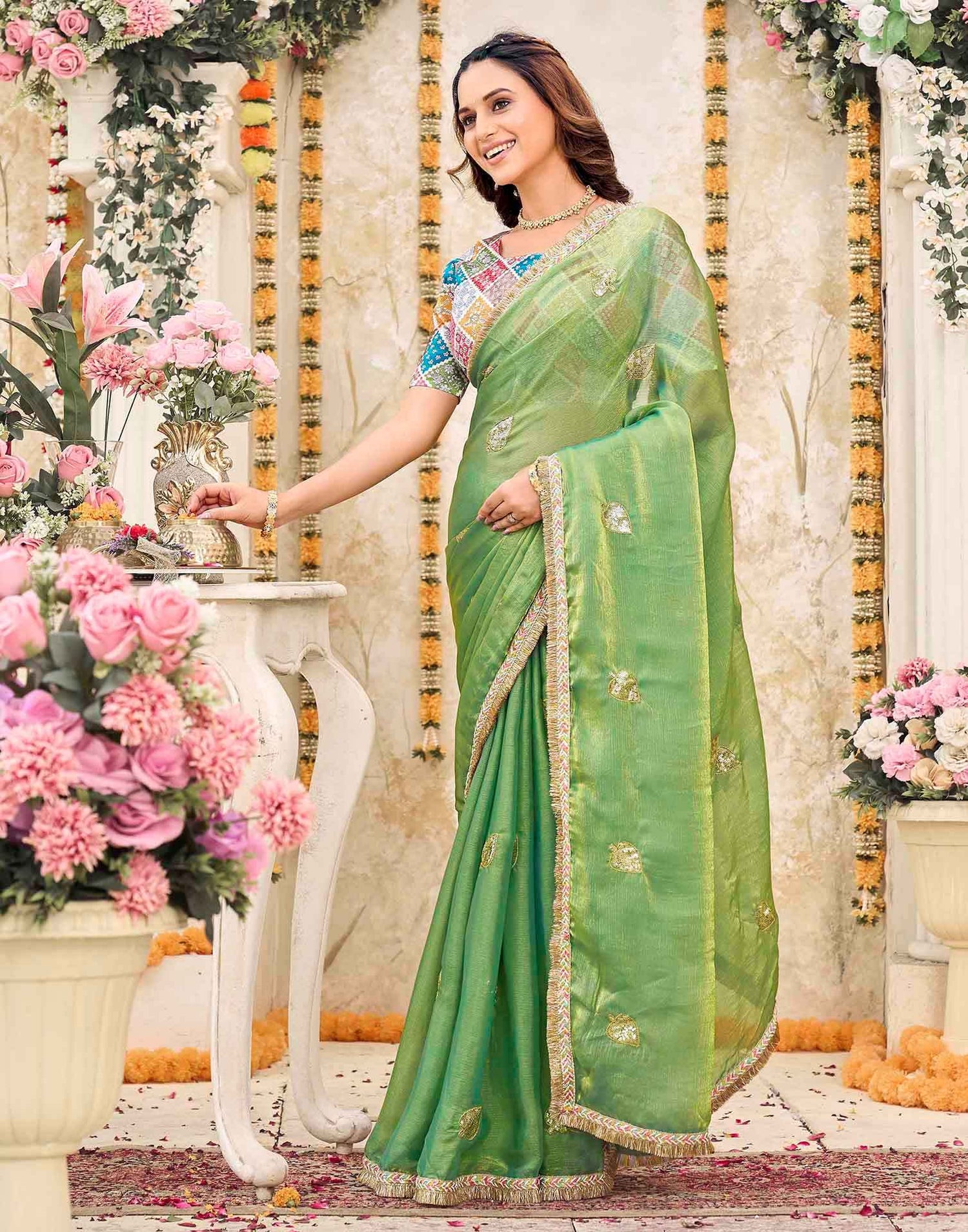 Parrot Green Shimmer Sequence Embroidery Saree