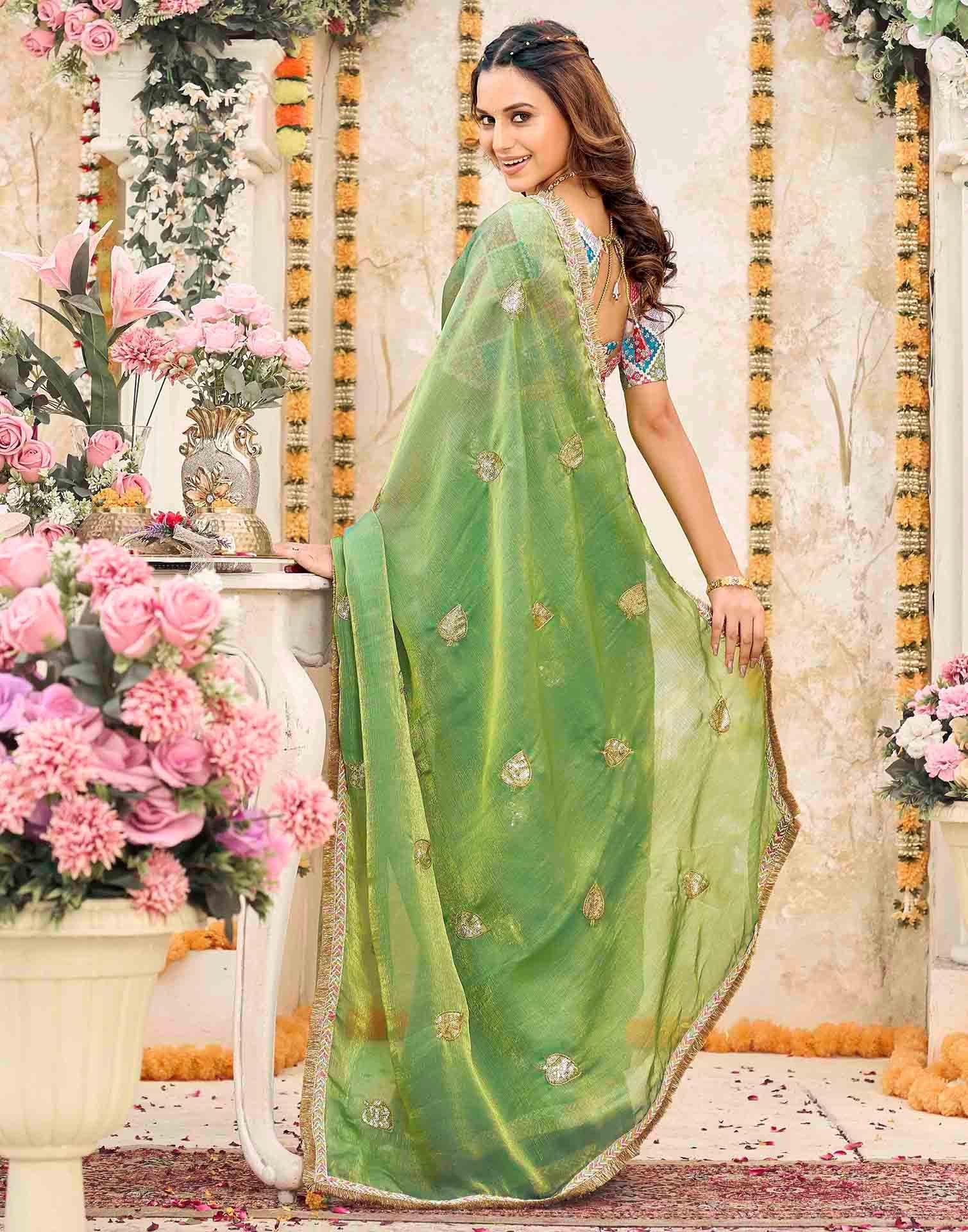 Parrot Green Shimmer Sequence Embroidery Saree