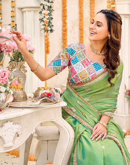 Parrot Green Shimmer Sequence Embroidery Saree