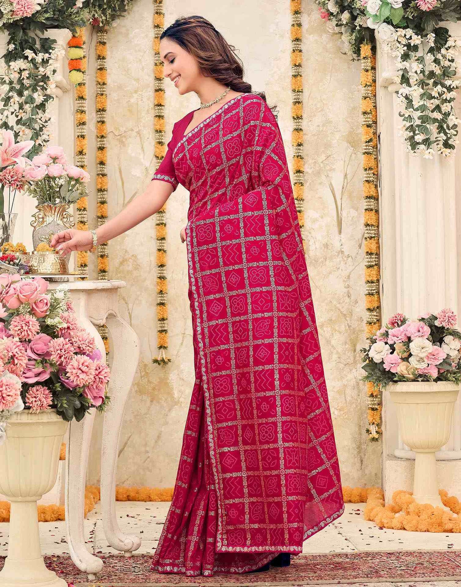 Pink Vichitra Silk Bandhani Printed Saree