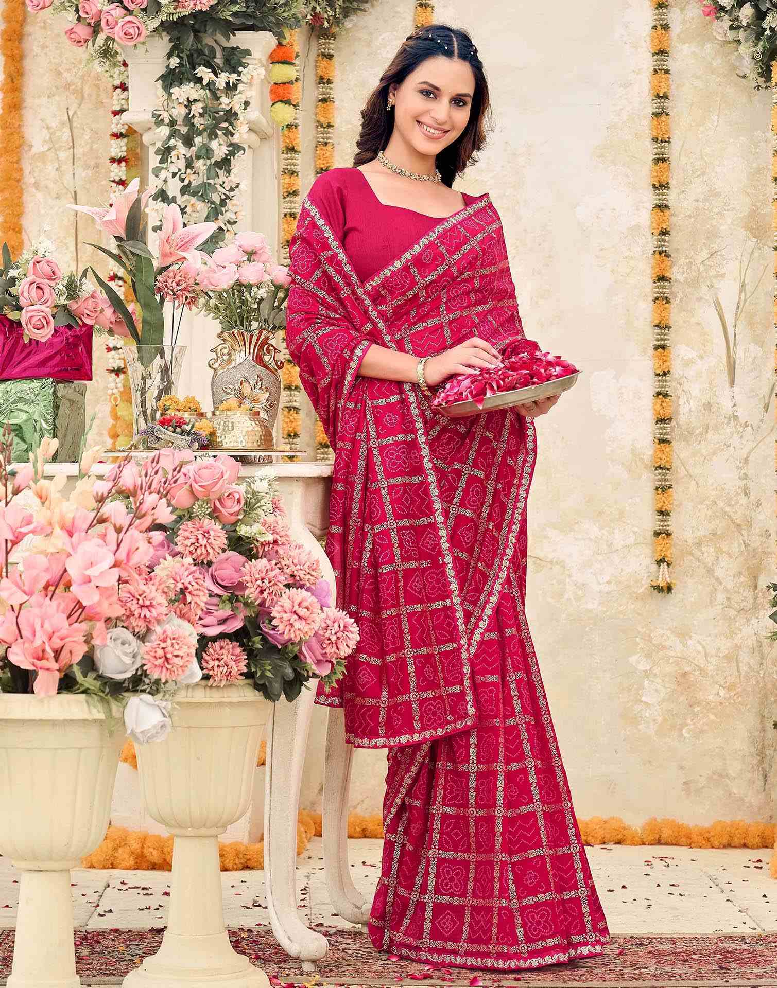 Pink Vichitra Silk Bandhani Printed Saree