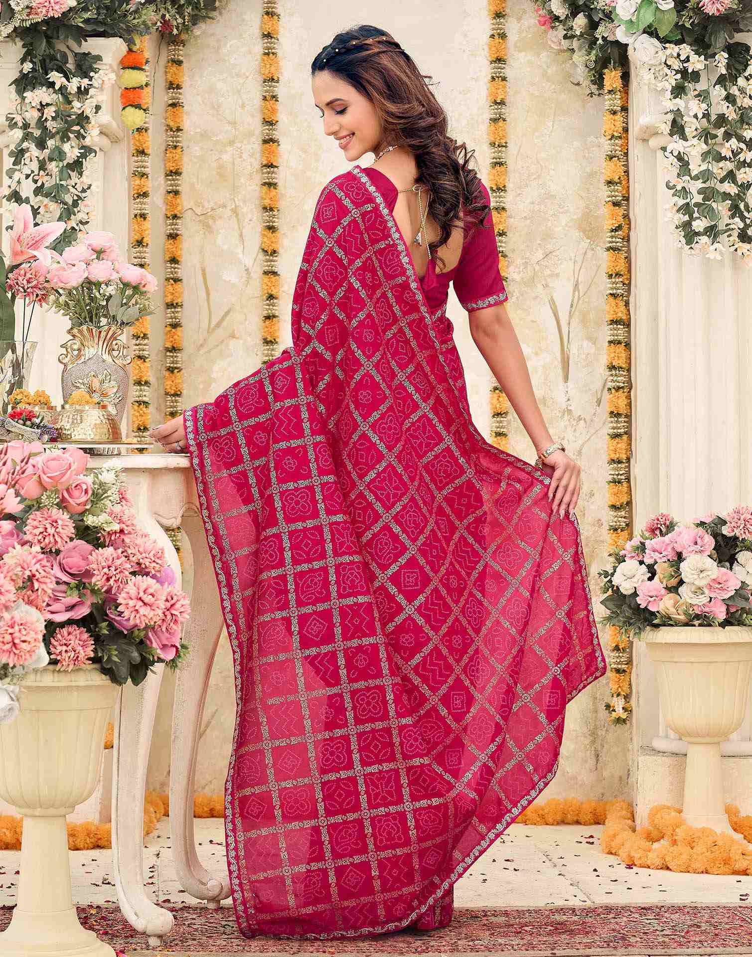 Pink Vichitra Silk Bandhani Printed Saree