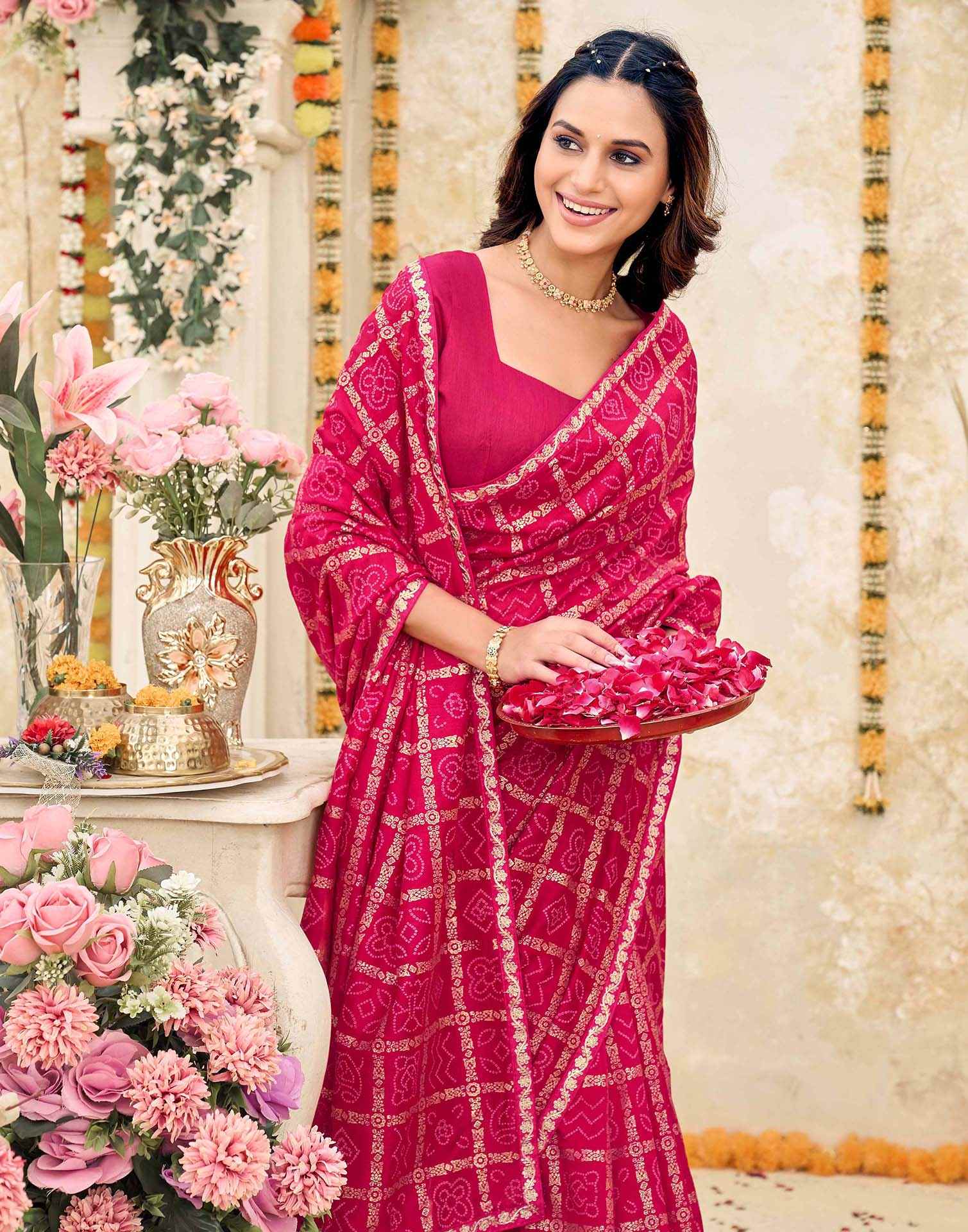 Pink Vichitra Silk Bandhani Printed Saree