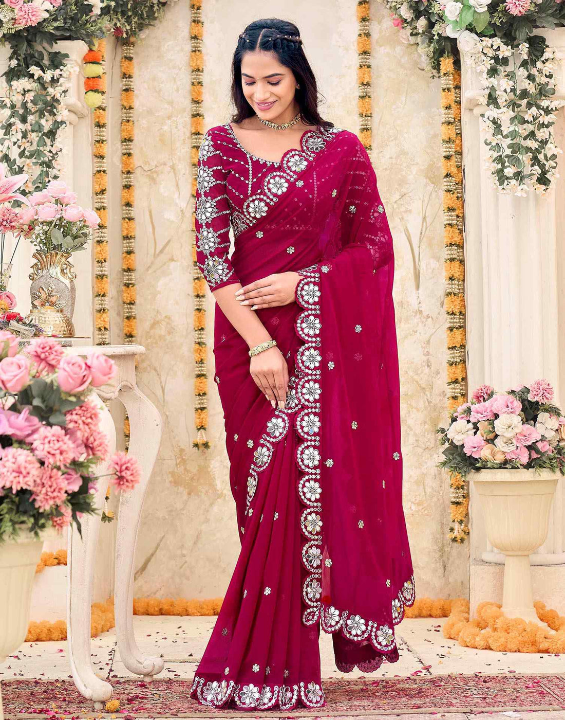 Rani Pink Georgette Sequence Saree