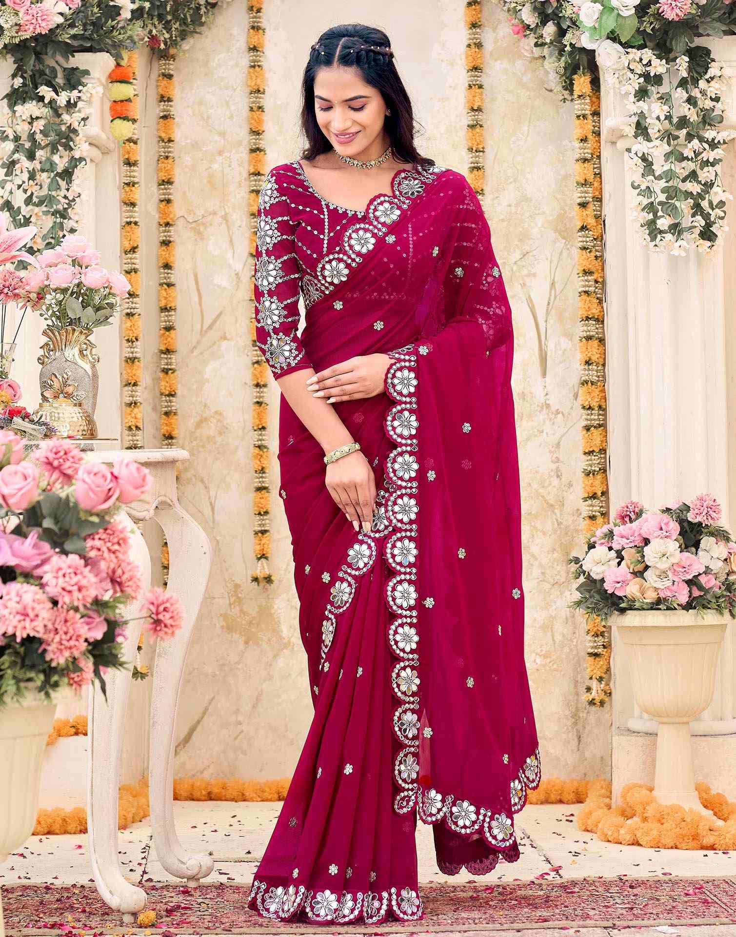 Rani Pink Georgette Sequence Saree