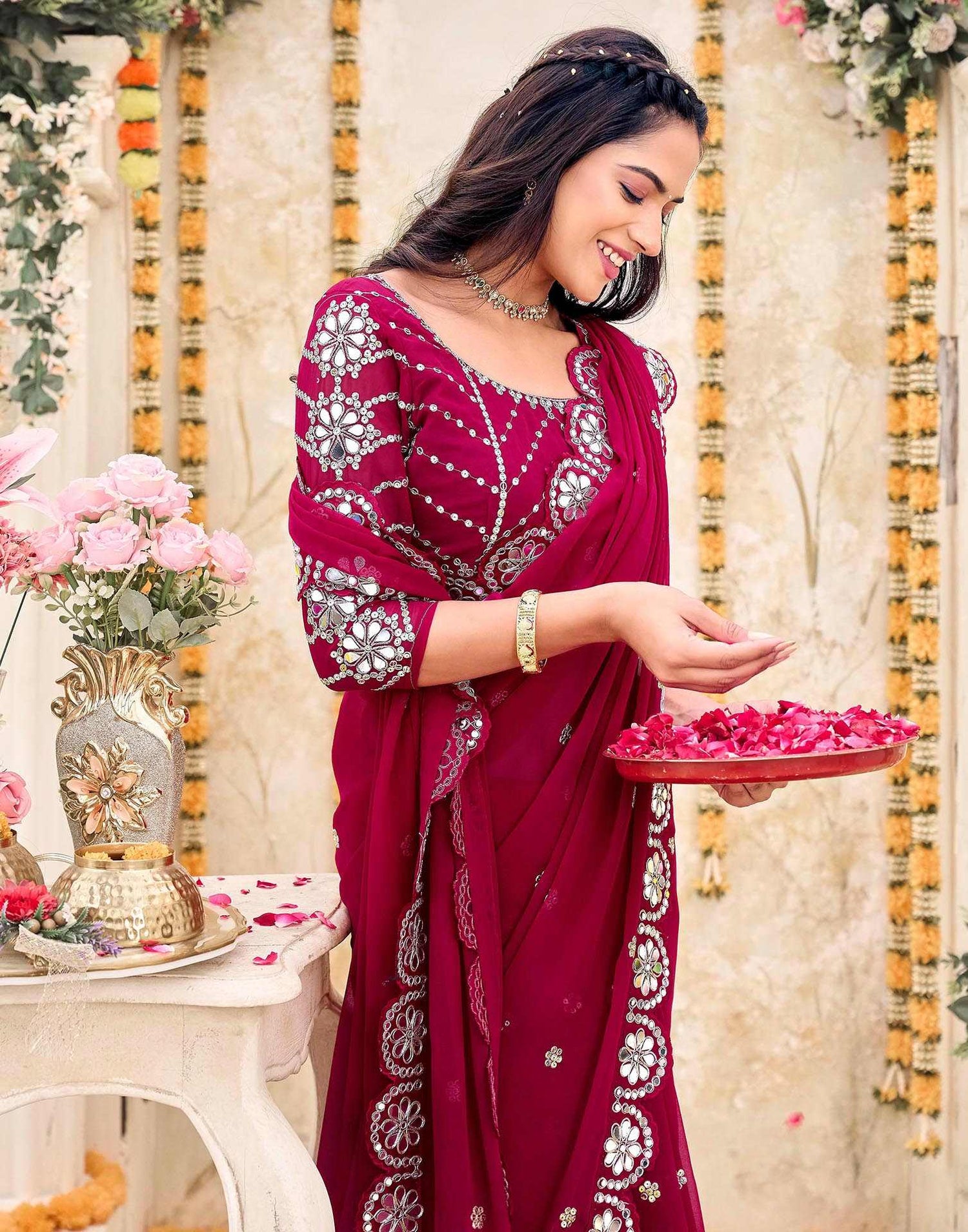 Rani Pink Georgette Sequence Saree