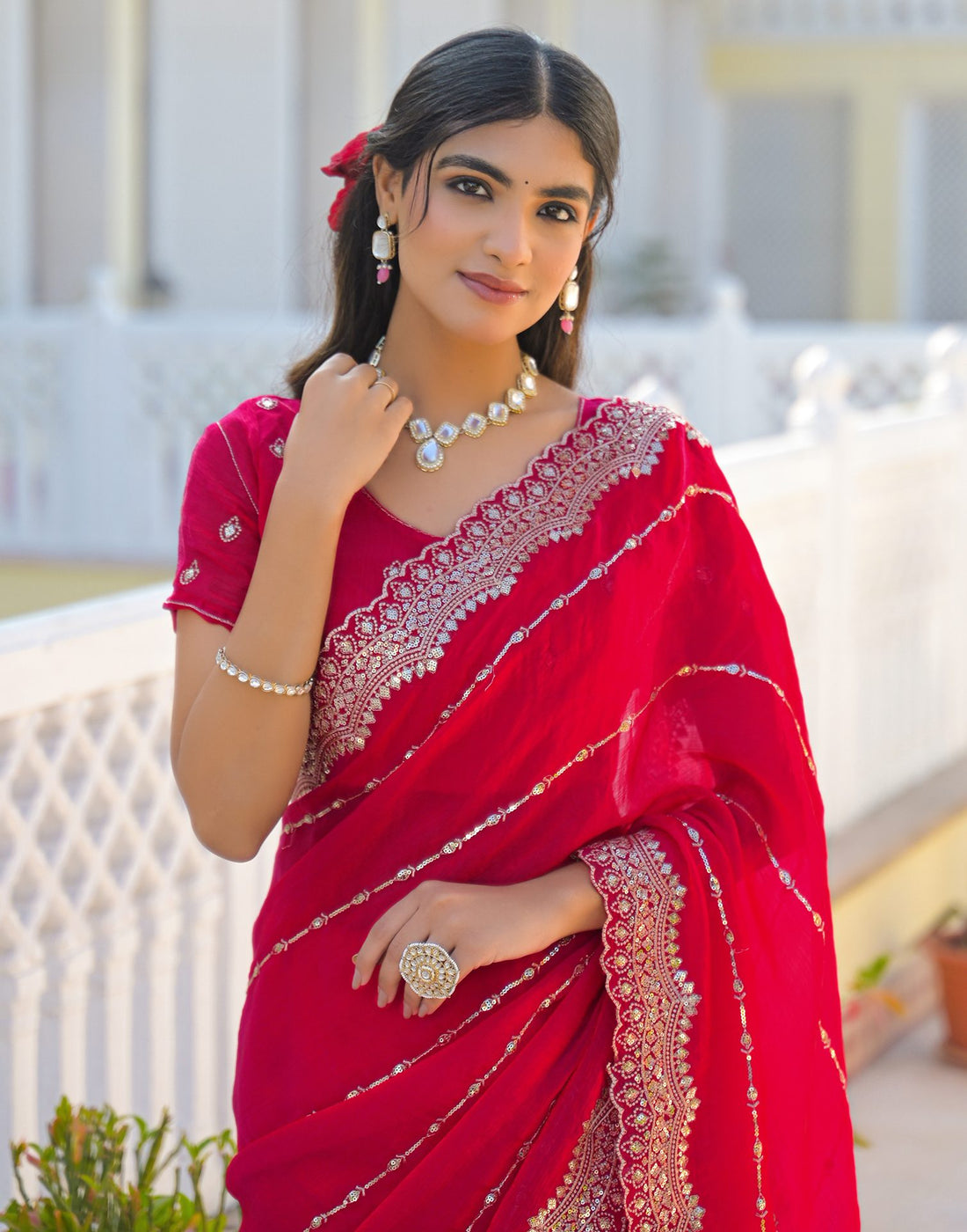 Pink Shimmer Sequence Embroidery Saree