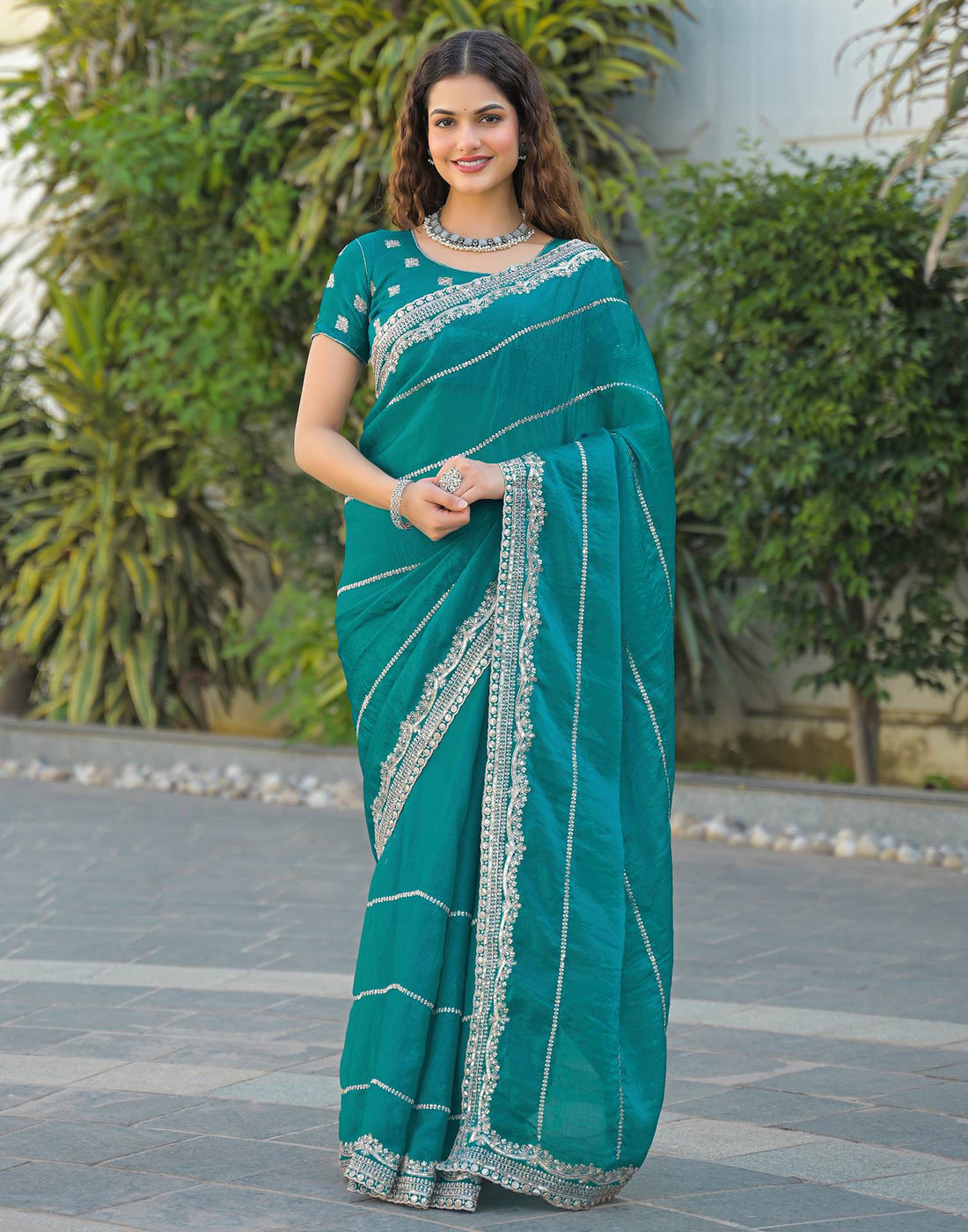 Teal Green Shimmer Sequence Embroidery Saree