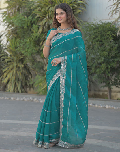 Teal Green Shimmer Sequence Embroidery Saree