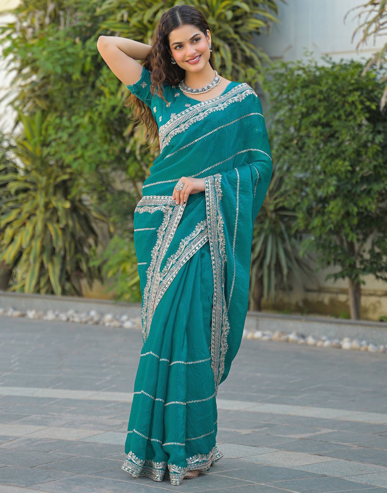 Teal Green Shimmer Sequence Embroidery Saree