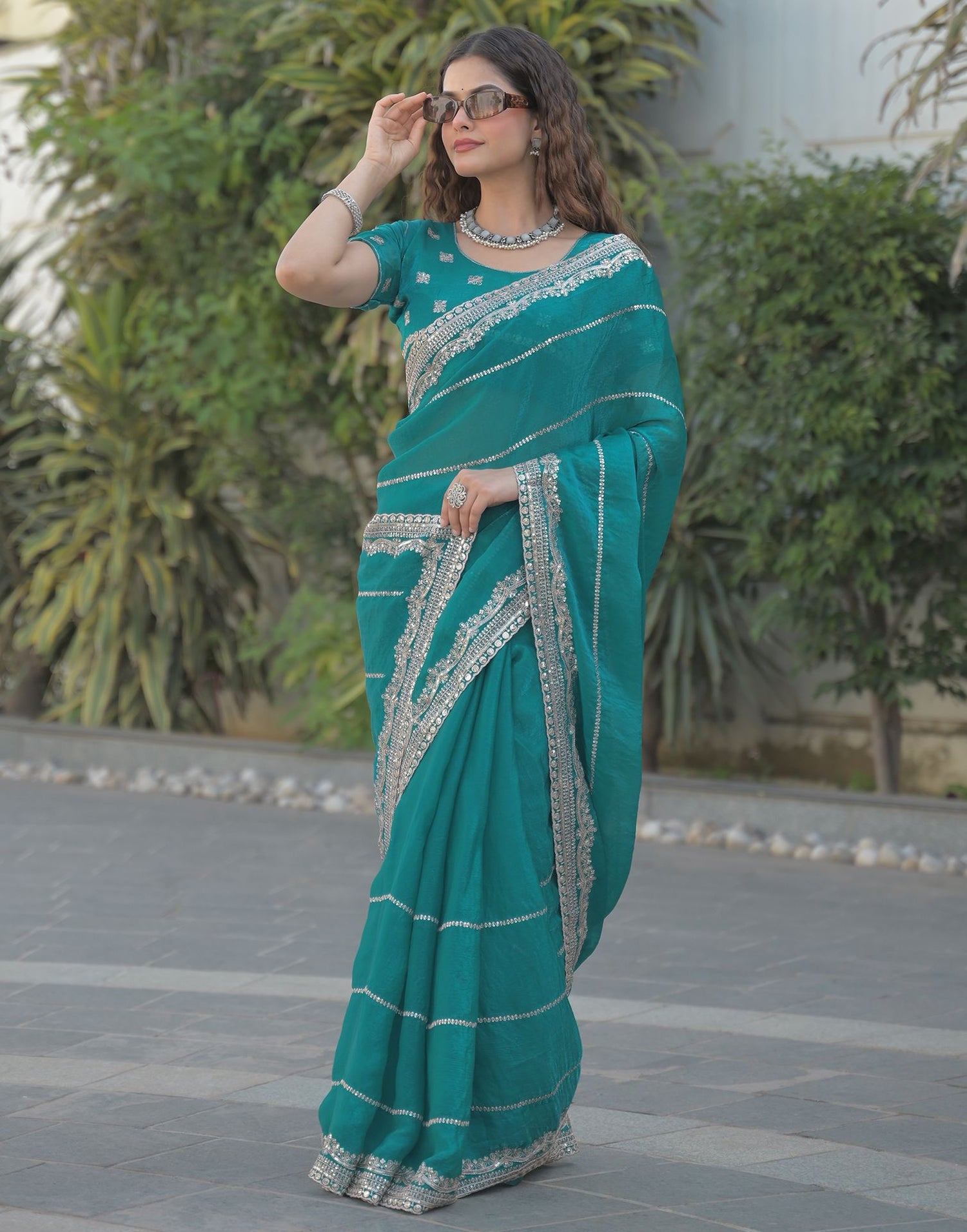 Teal Green Shimmer Sequence Embroidery Saree
