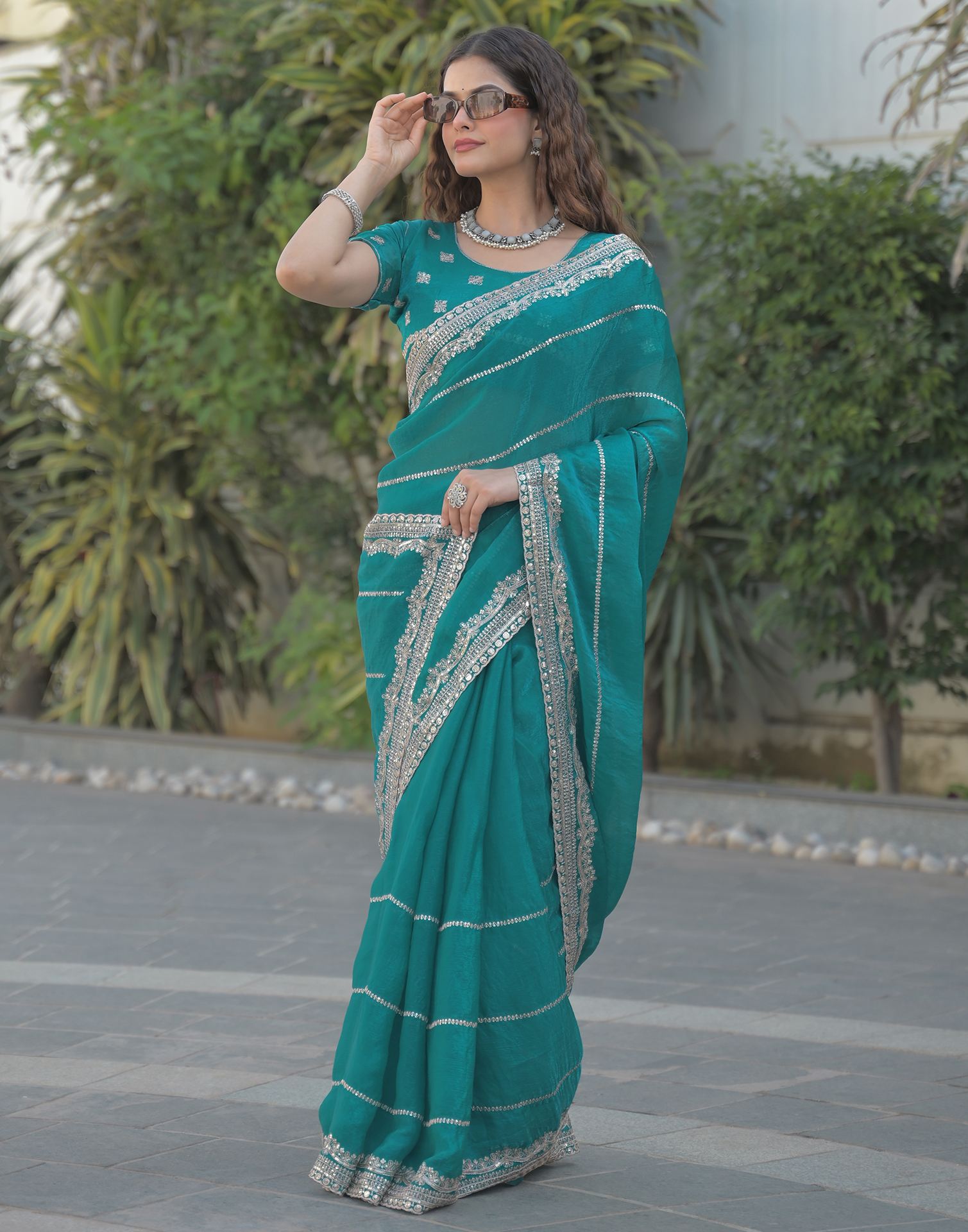 Teal Green Shimmer Sequence Embroidery Saree