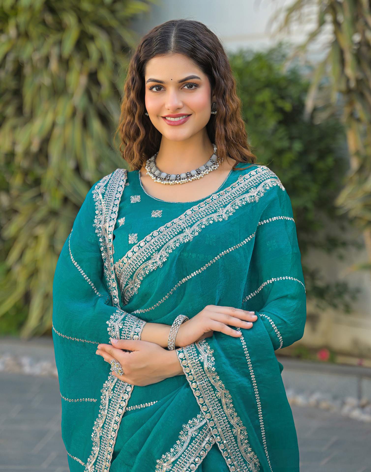 Teal Green Shimmer Sequence Embroidery Saree