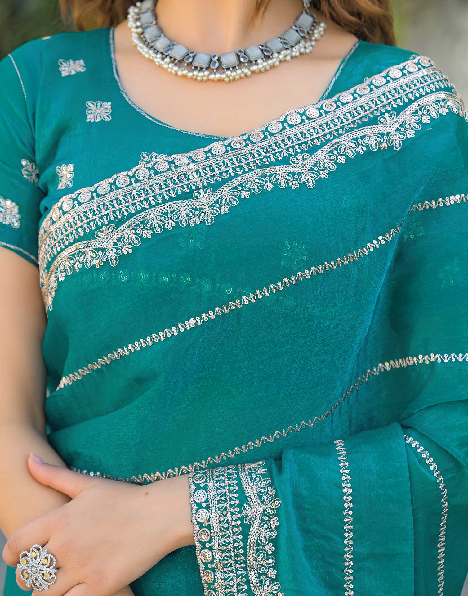 Teal Green Shimmer Sequence Embroidery Saree