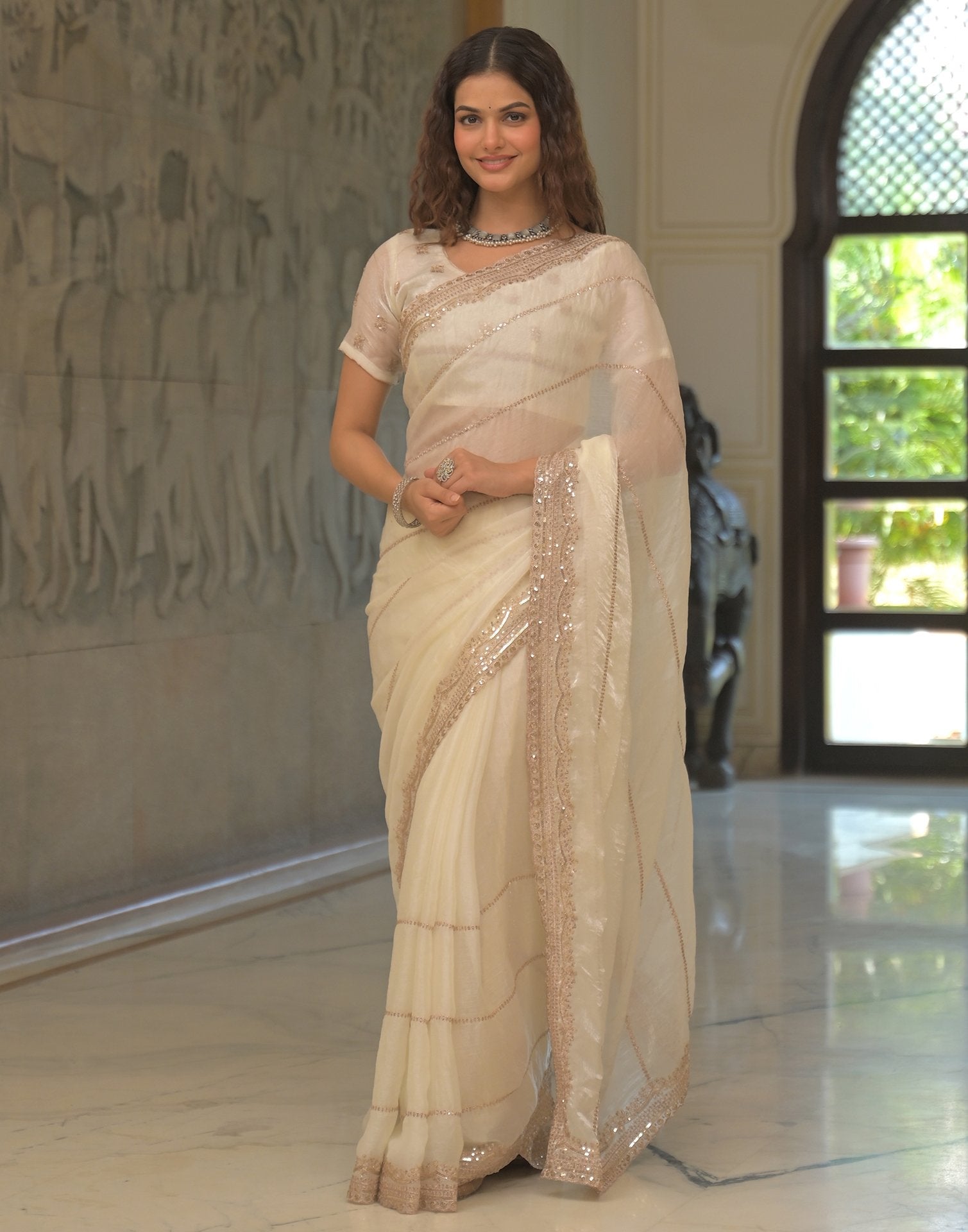 Off White Shimmer Sequence Embroidery Saree