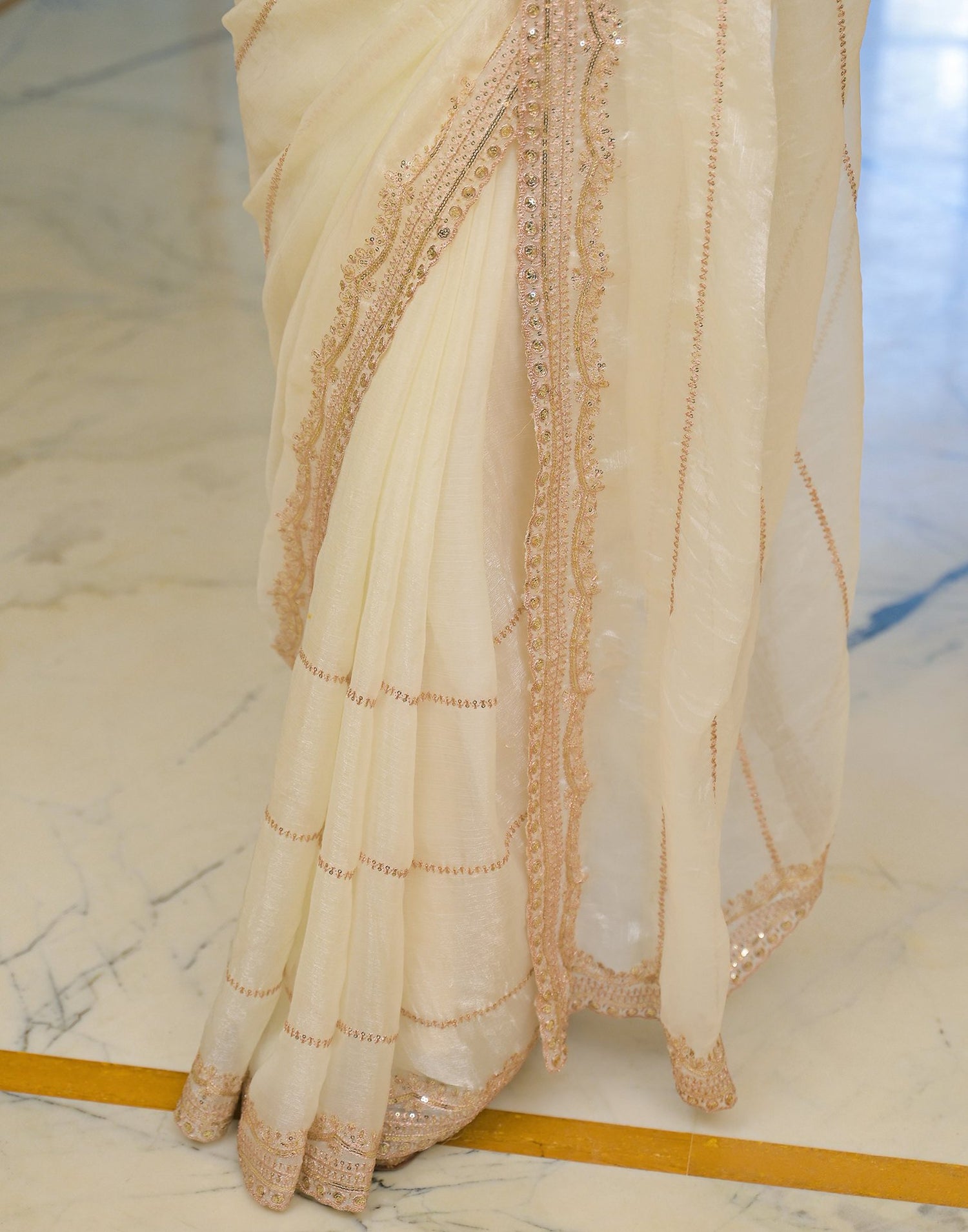 Off White Shimmer Sequence Embroidery Saree