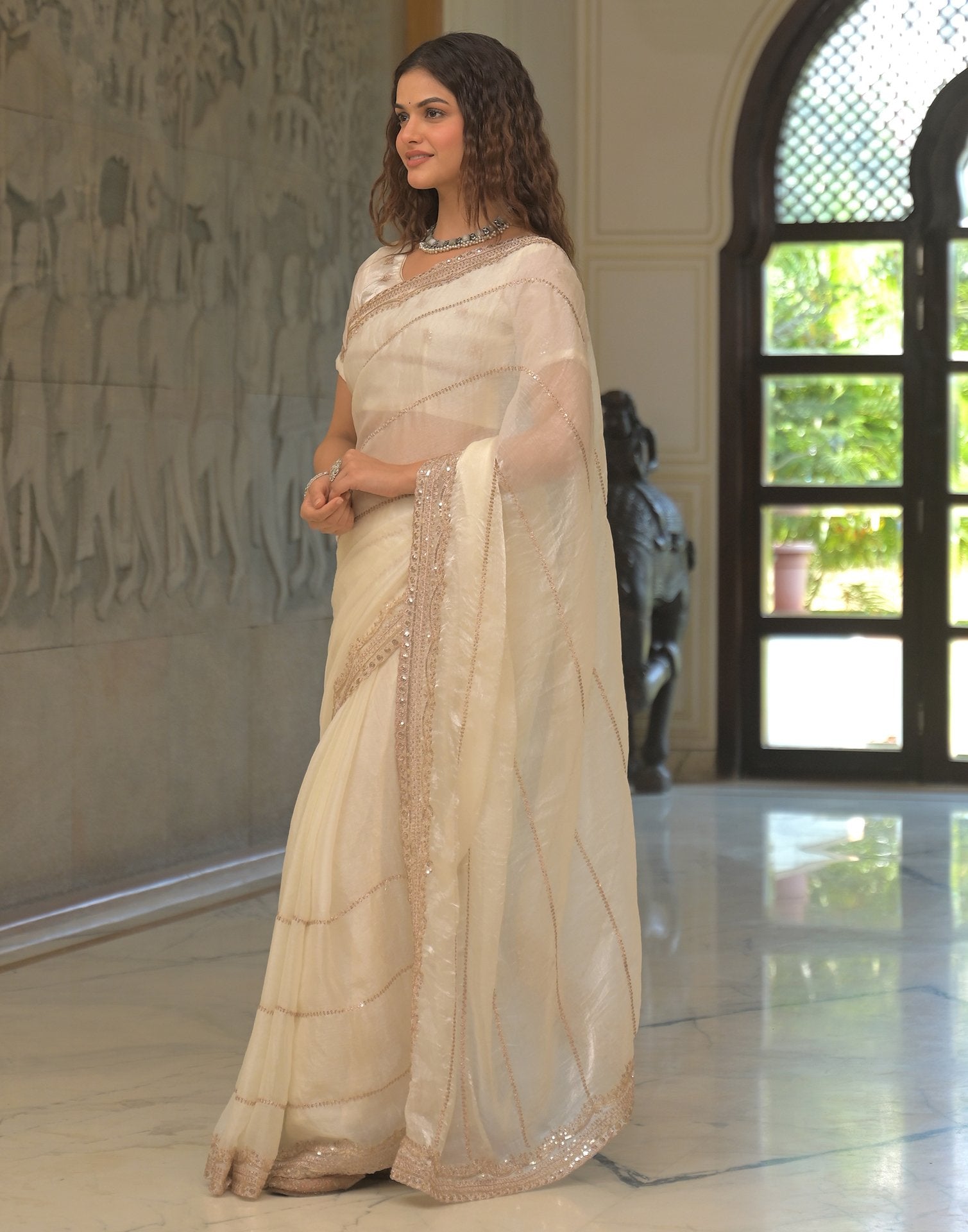 Off White Shimmer Sequence Embroidery Saree
