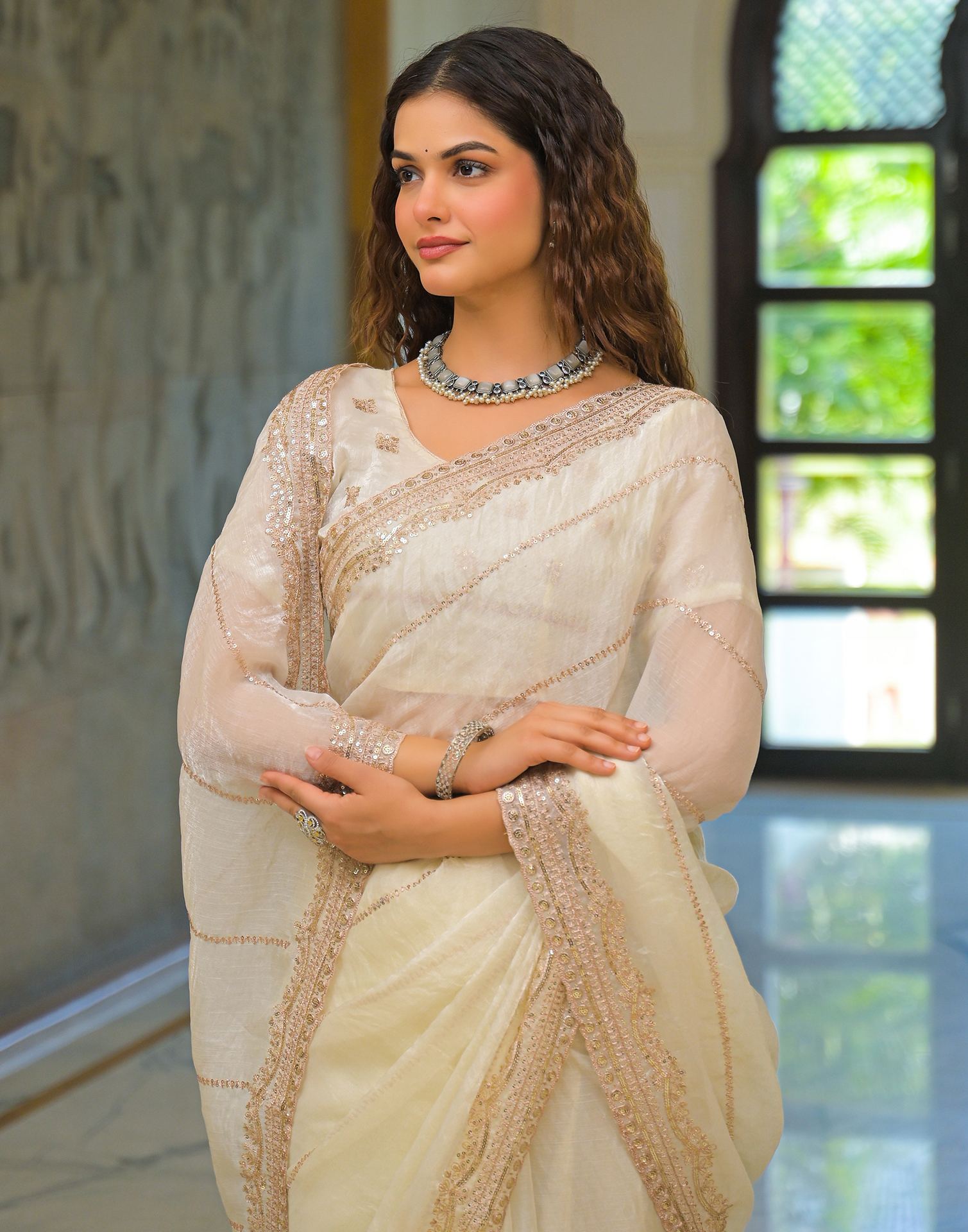 Off White Shimmer Sequence Embroidery Saree